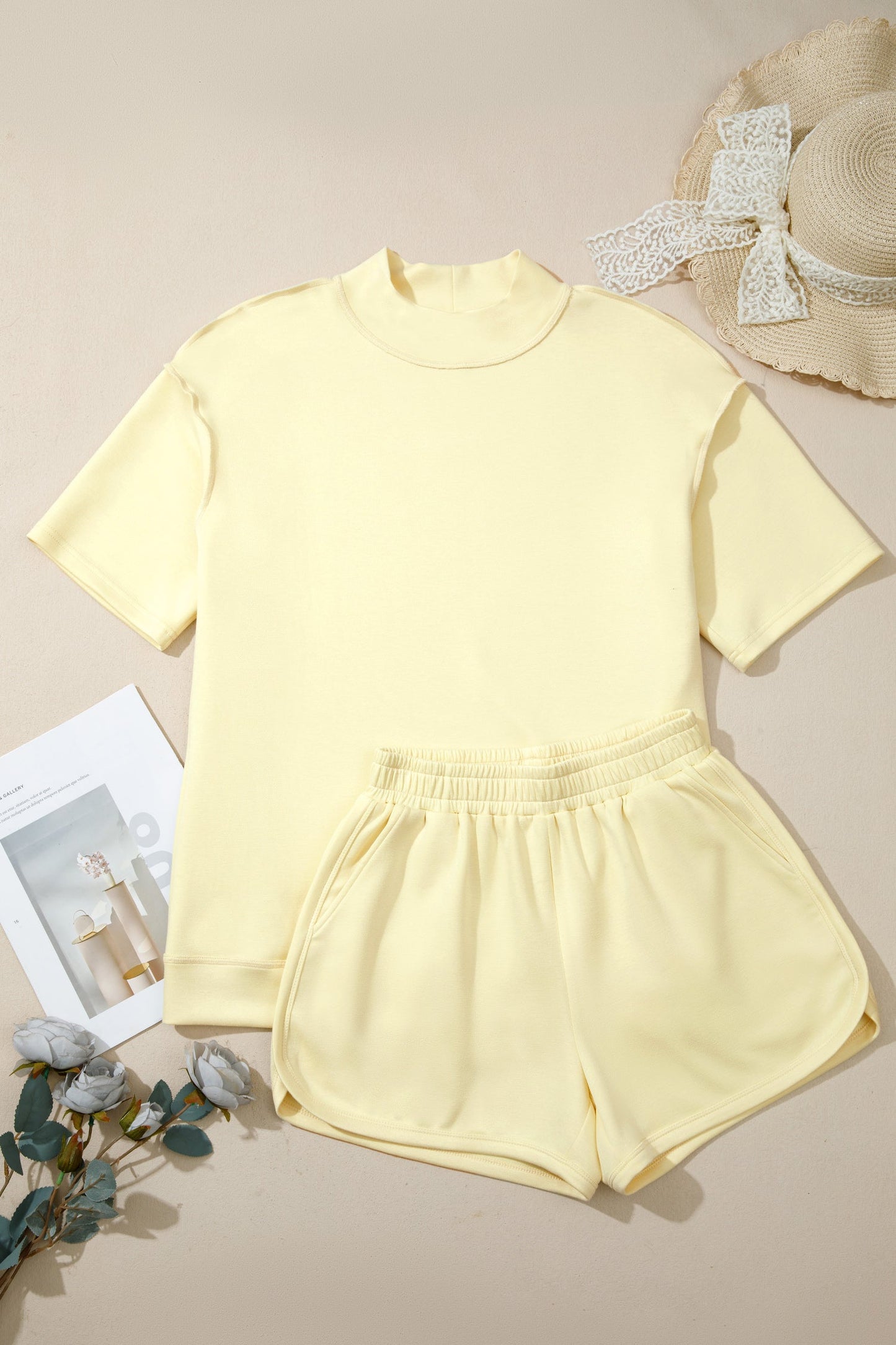 Solid Exposed Seam Mock Neck Tee & Shorts Set