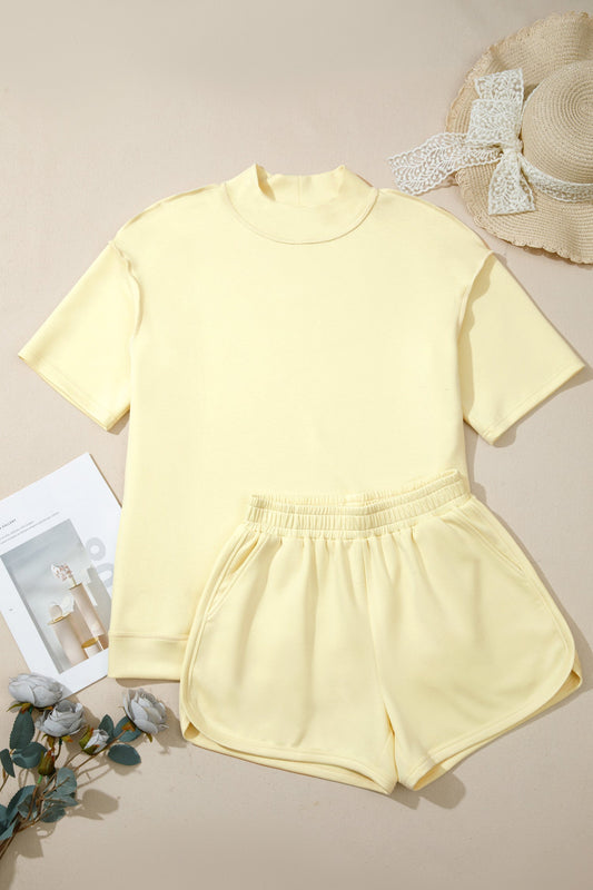 Solid Exposed Seam Mock Neck Tee & Shorts Set