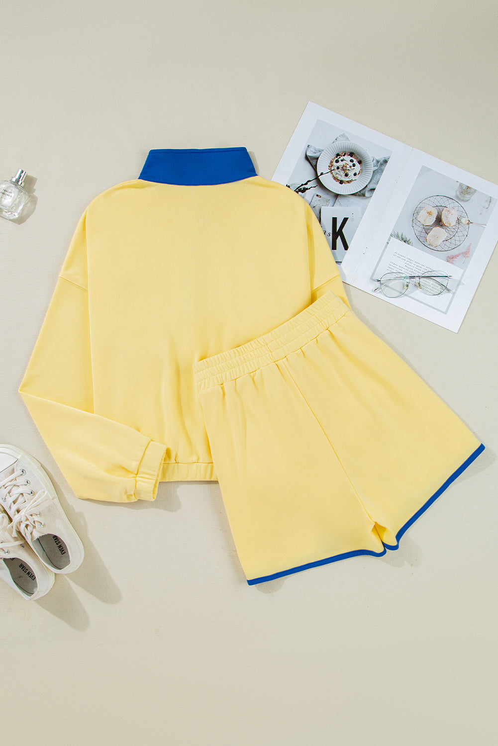 Colorblock Patchwork Half Button Pullover and Shorts Set
