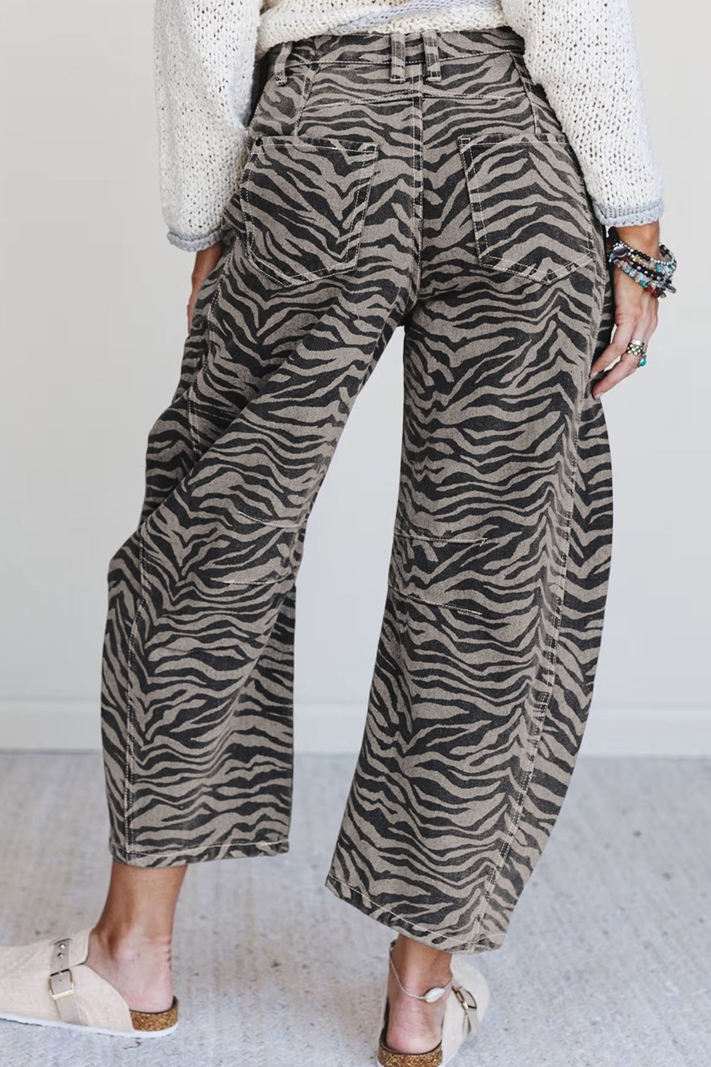 Gray Zebra Stripe Printed Wide Leg Jeans