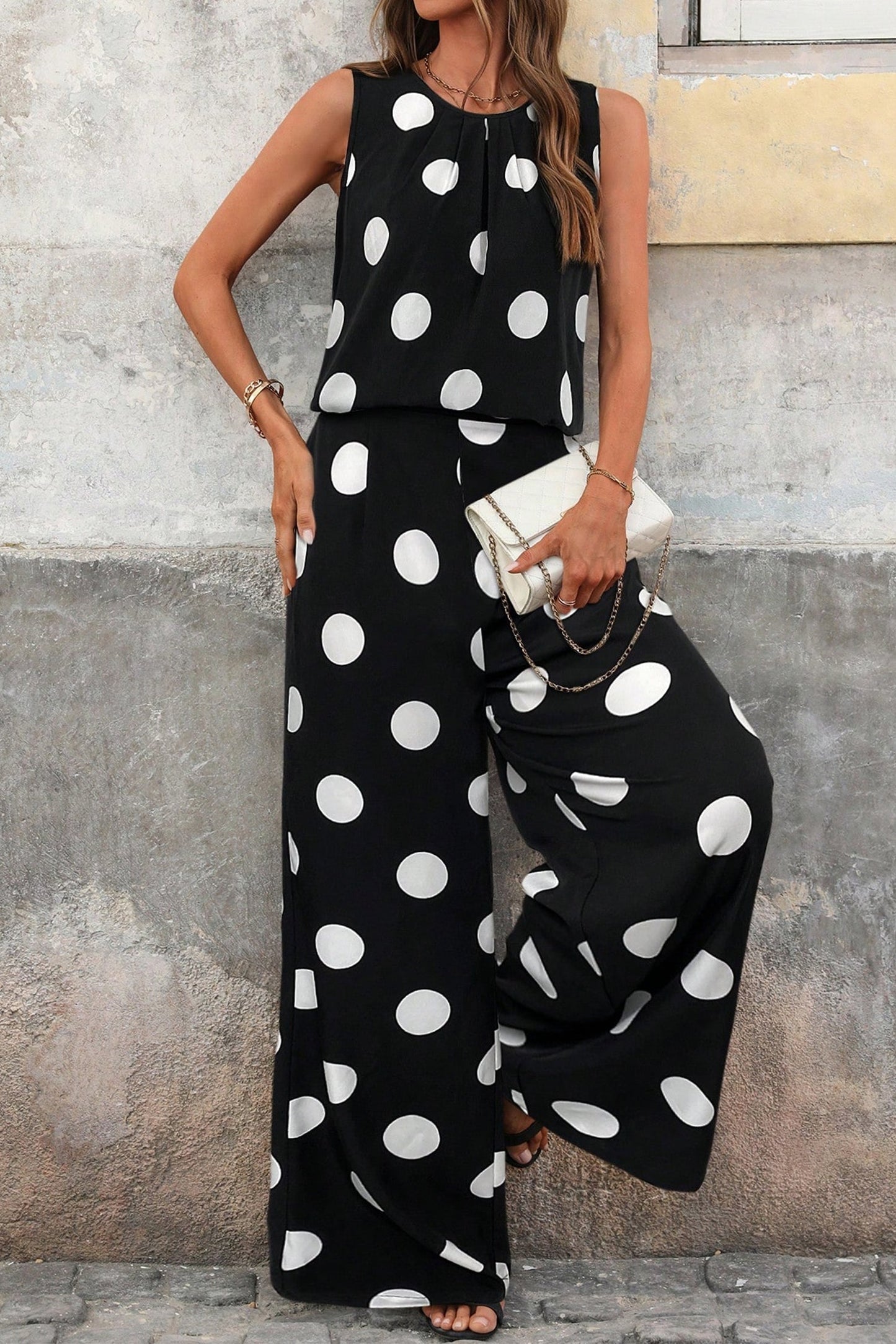 Polka Dot Pleated Tank & Wide Leg Pant Set