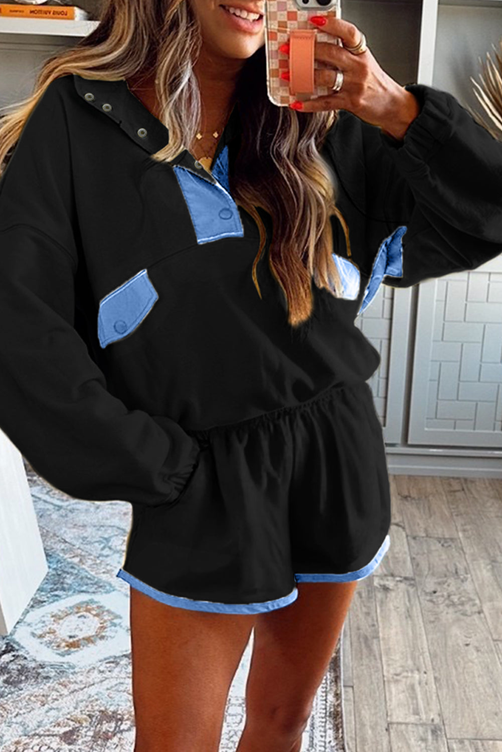 Colorblock Patchwork Half Button Pullover and Shorts Set