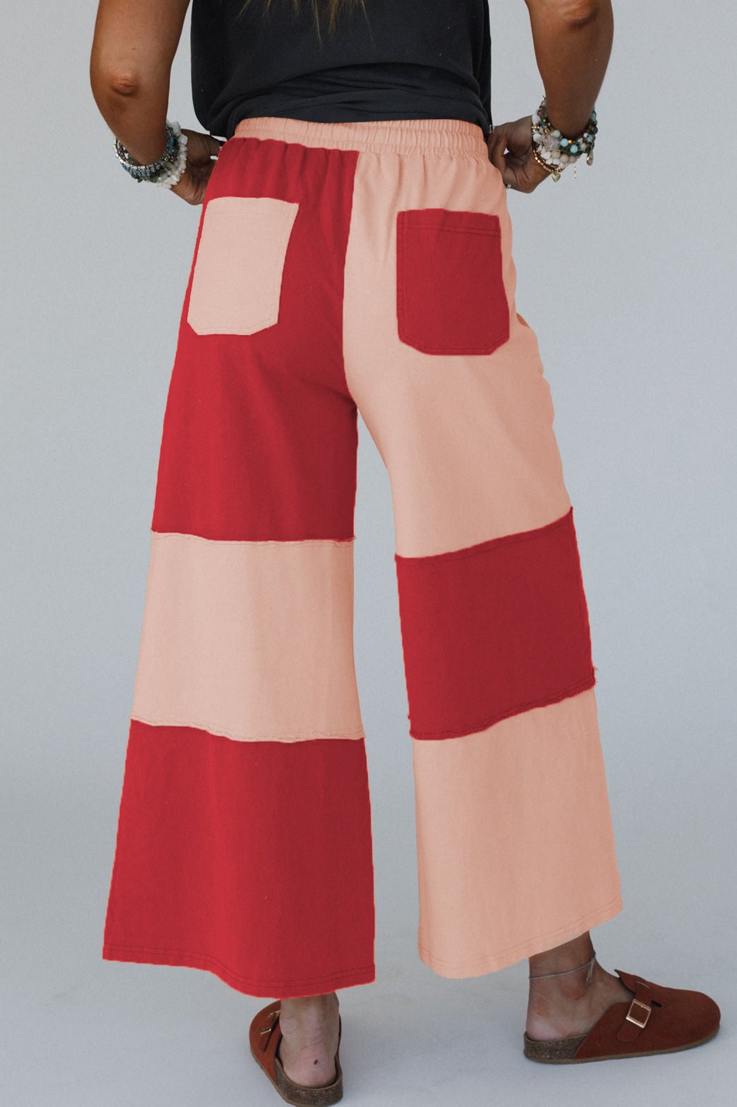 Raw Seam Colorblock Wide Leg Ankle Length Casual Pants