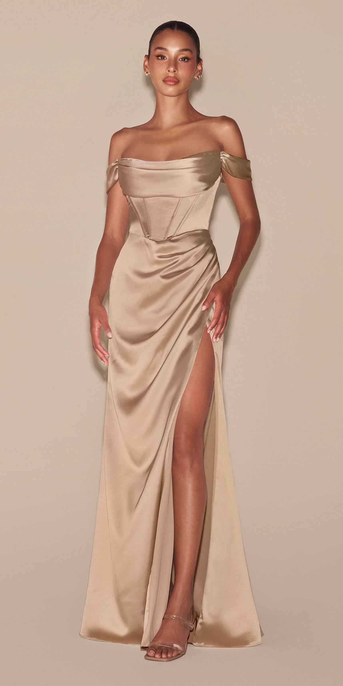 Cinderella Divine Off the Shoulder Sage Green Satin Gown