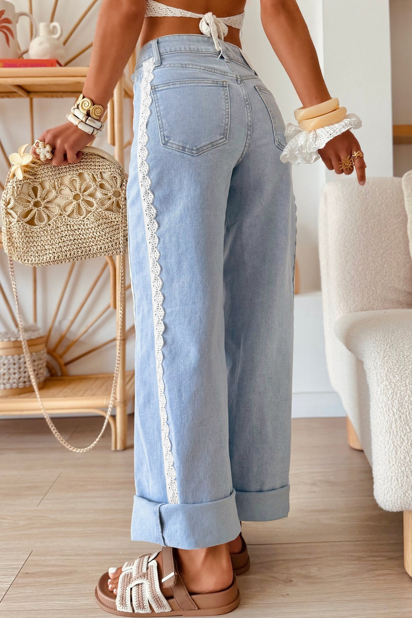 Beau Blue Lace Trim Casual Full-Length Regular Fit Jeans