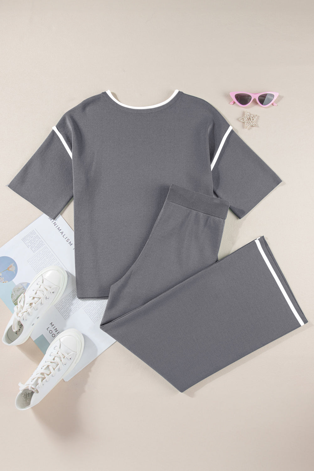 Contrast Trim Top and Drawstring Pants Set