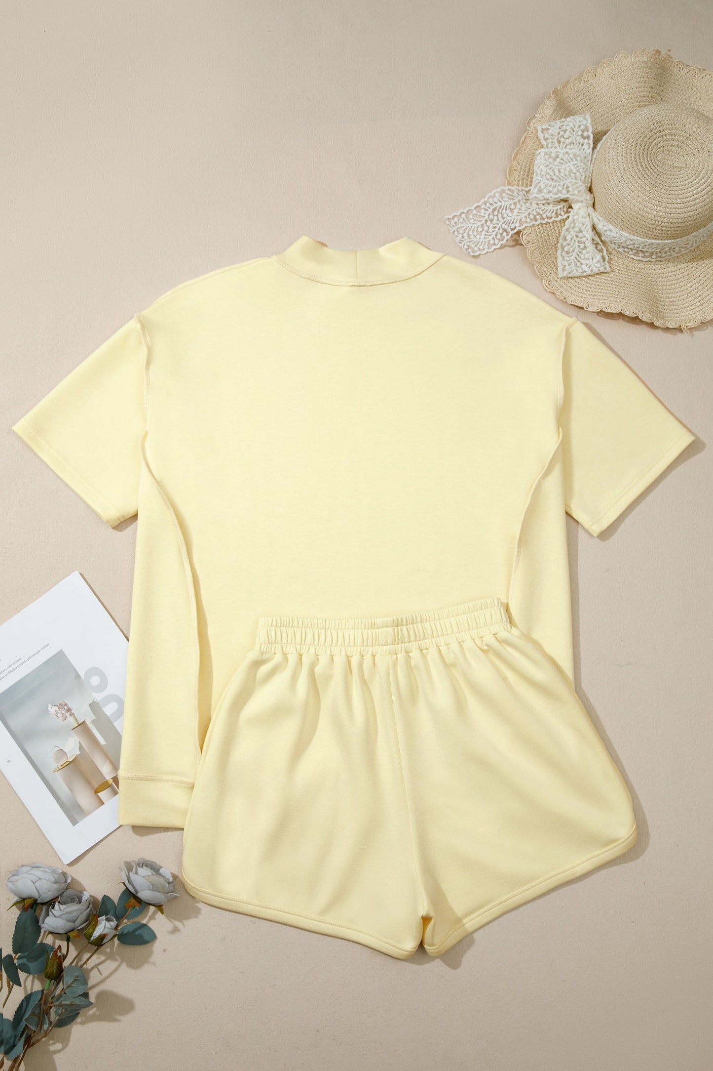 Solid Exposed Seam Mock Neck Tee & Shorts Set