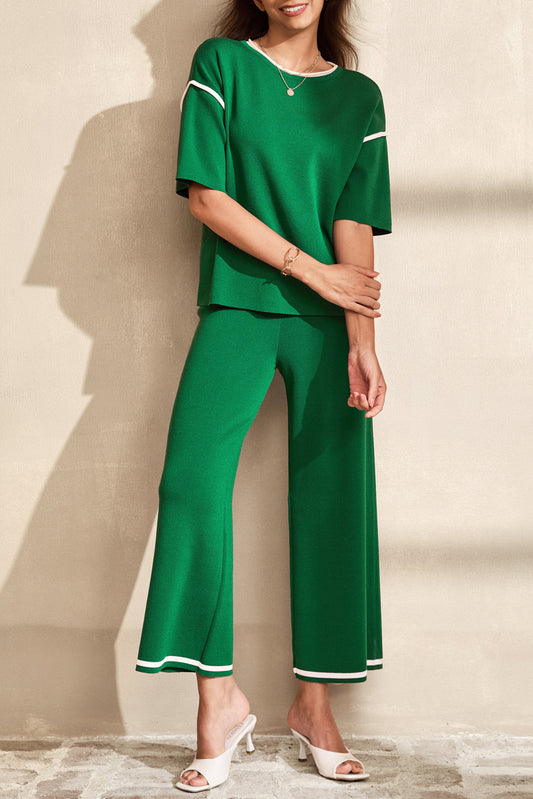 Contrast Trim Top and Drawstring Pants Set