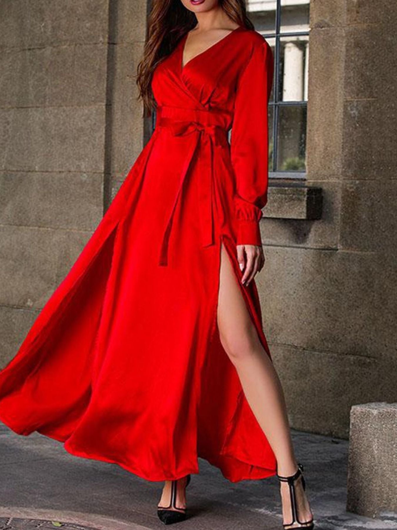 Surplice Long Sleeve Slit Maxi Dress