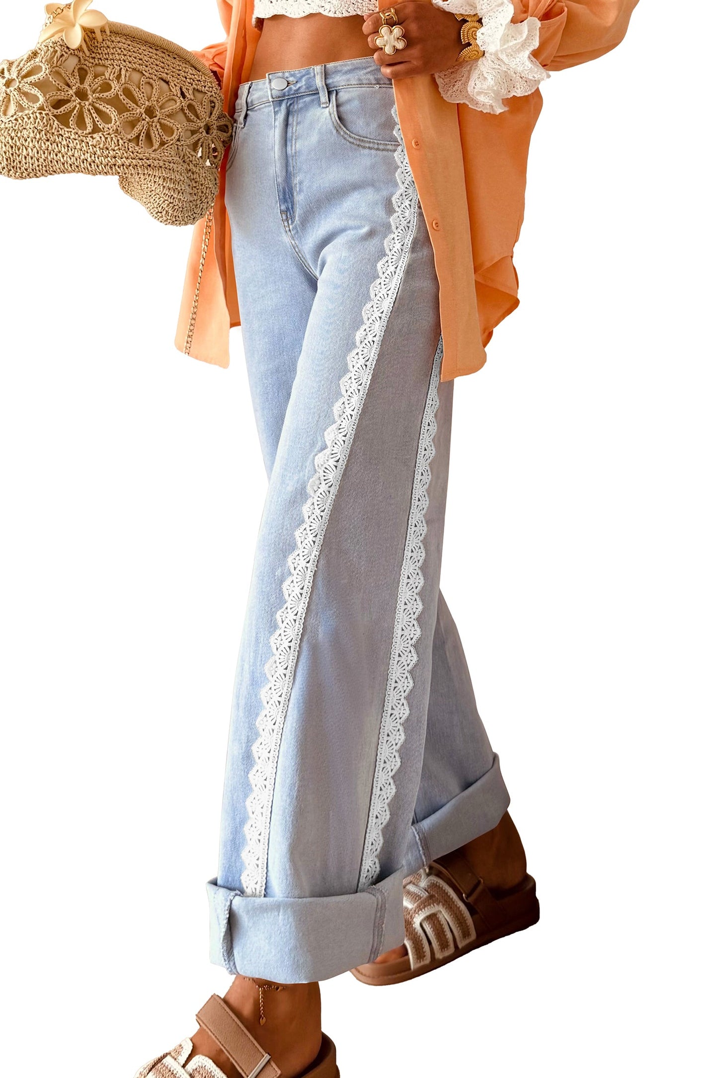 Beau Blue Lace Trim Casual Full-Length Regular Fit Jeans
