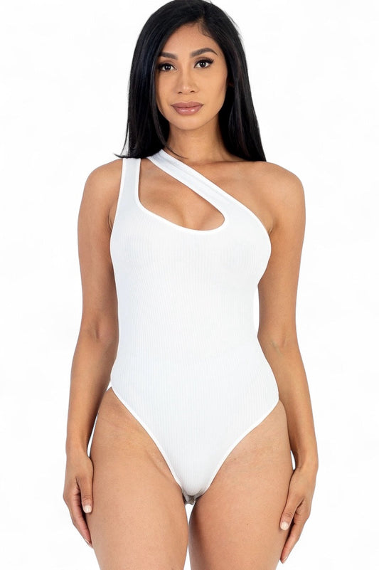 One Shoulder Cut Out Rib Knit Bodysuit [BT3500}