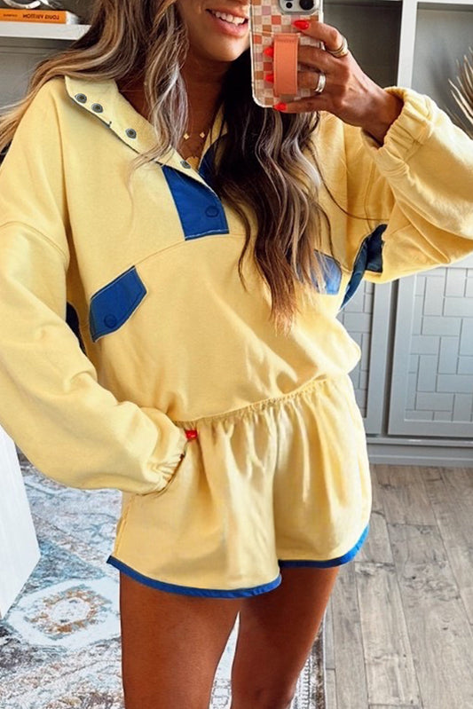 Colorblock Patchwork Half Button Pullover and Shorts Set