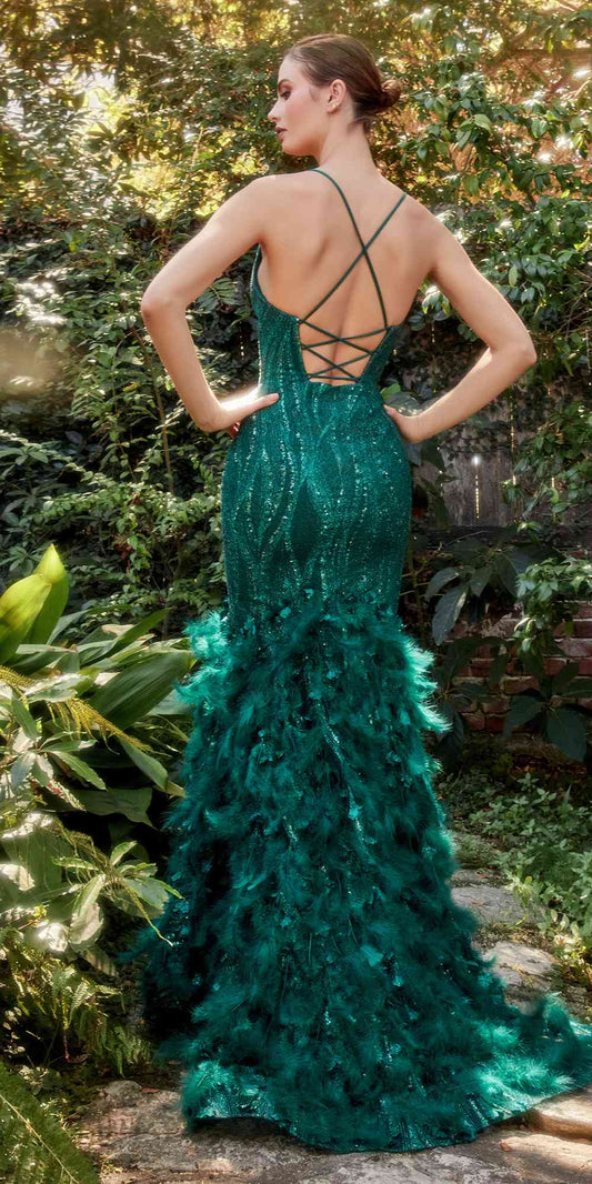 Andrea & Leo Long Emerald Dust Feather Mermaid Gown