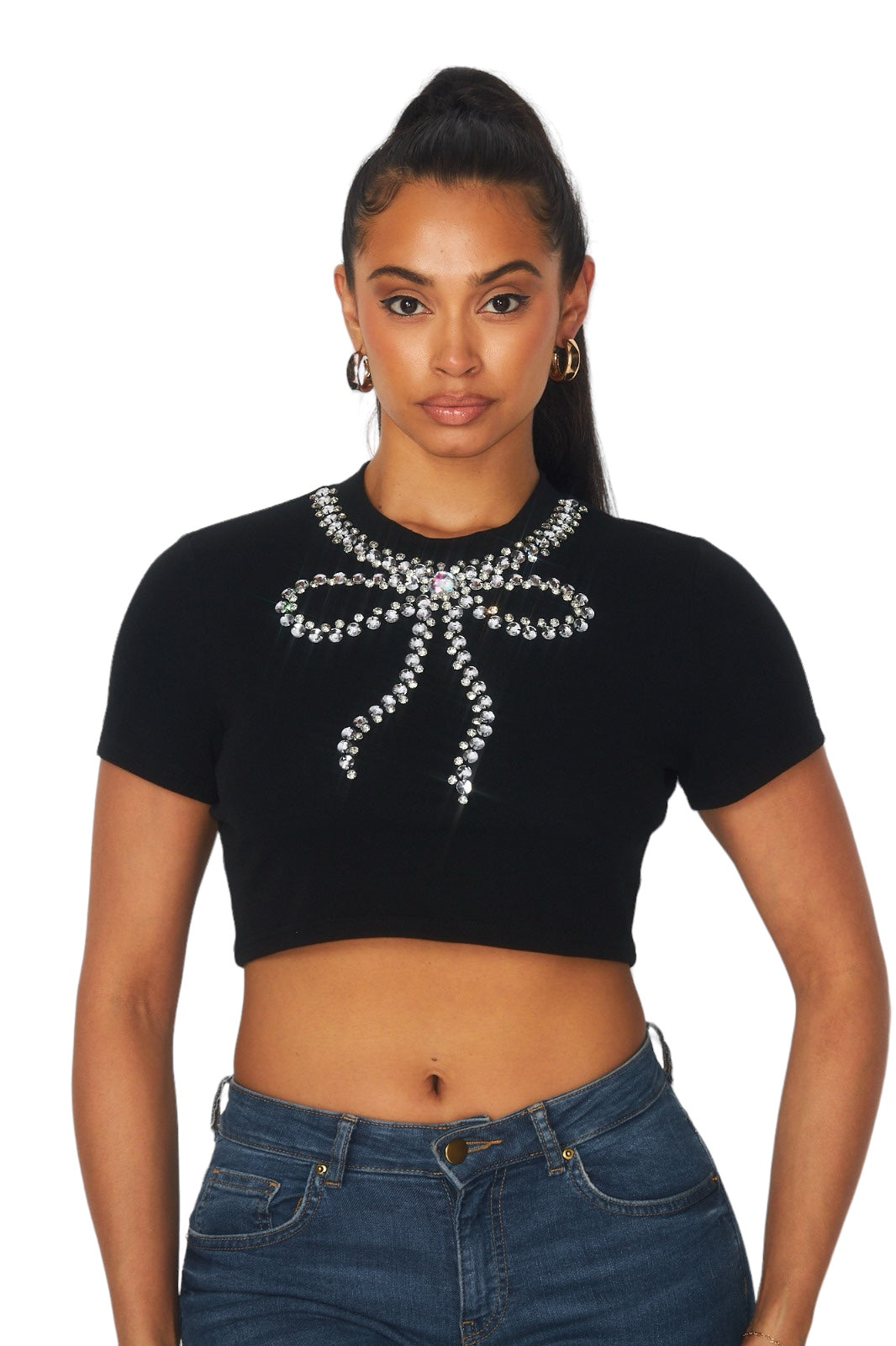 Rhinestone Bow Trim Crop Top