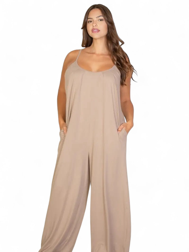 Curvy Spaghetti Strap Solid Wide Jumpsuit
