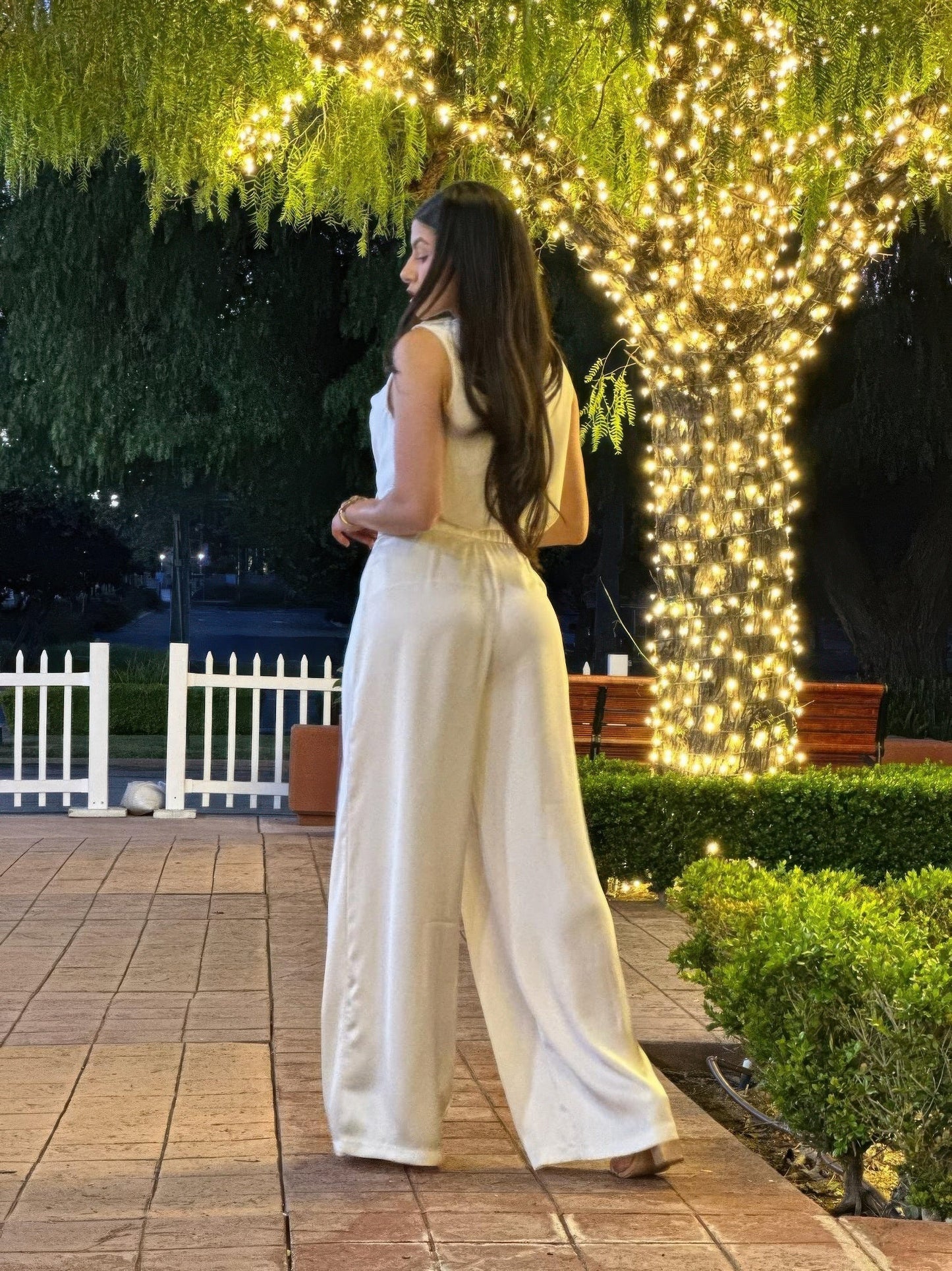 Satin Wide Leg Pants & Flower Sleeveless Top Set