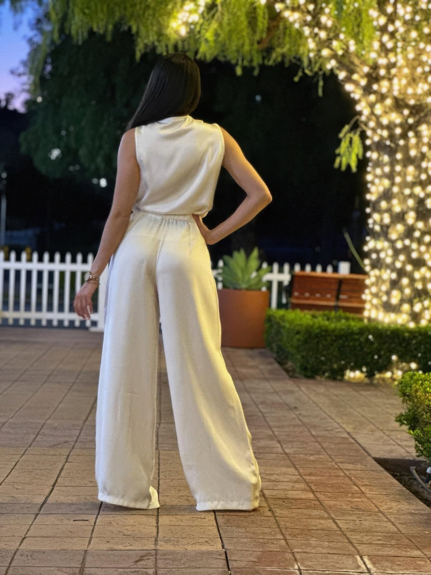 Satin Wide Leg Pants & Flower Sleeveless Top Set