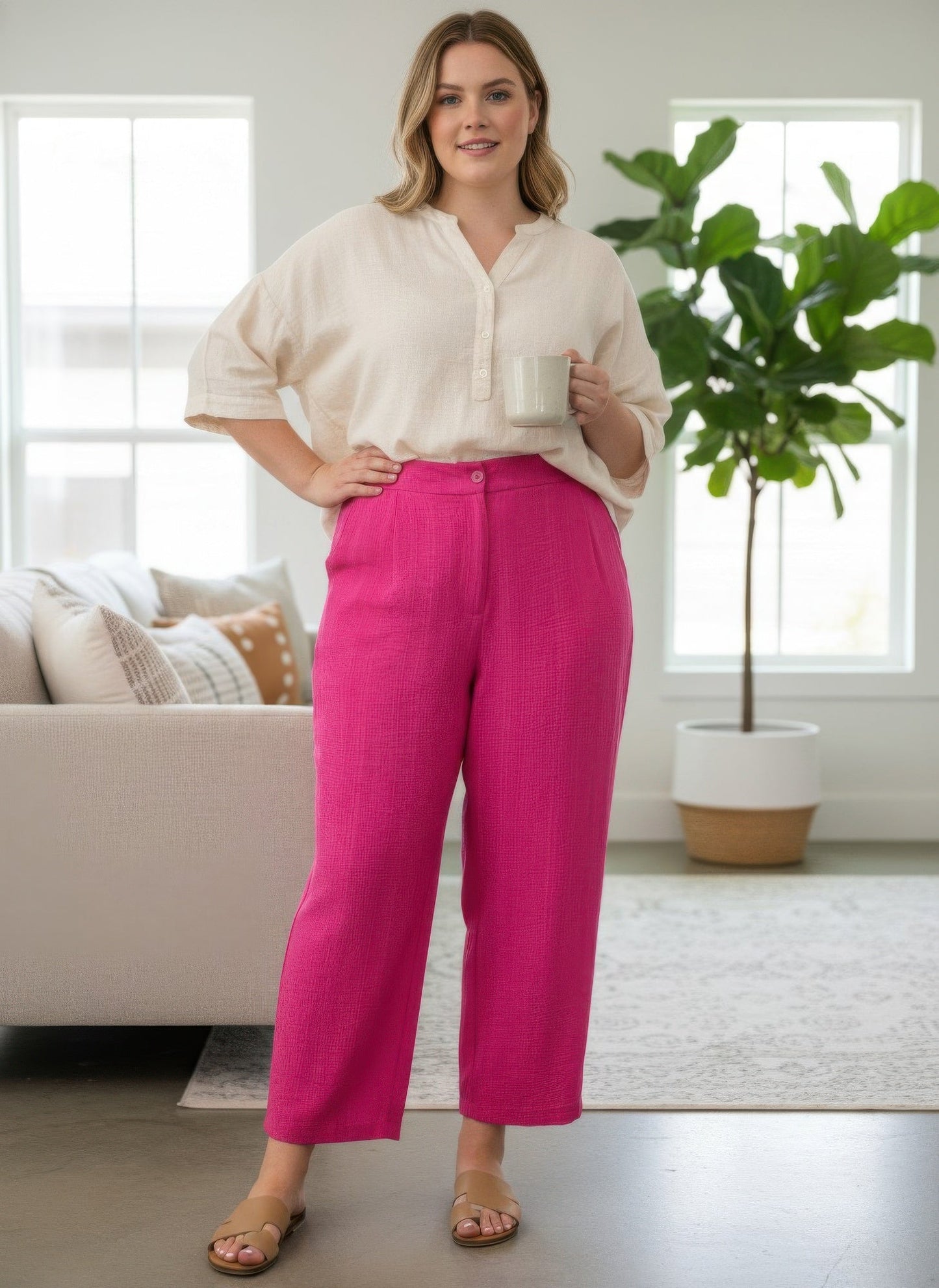 Plus Size High-Rise Linen-Blend Straight Leg Pants