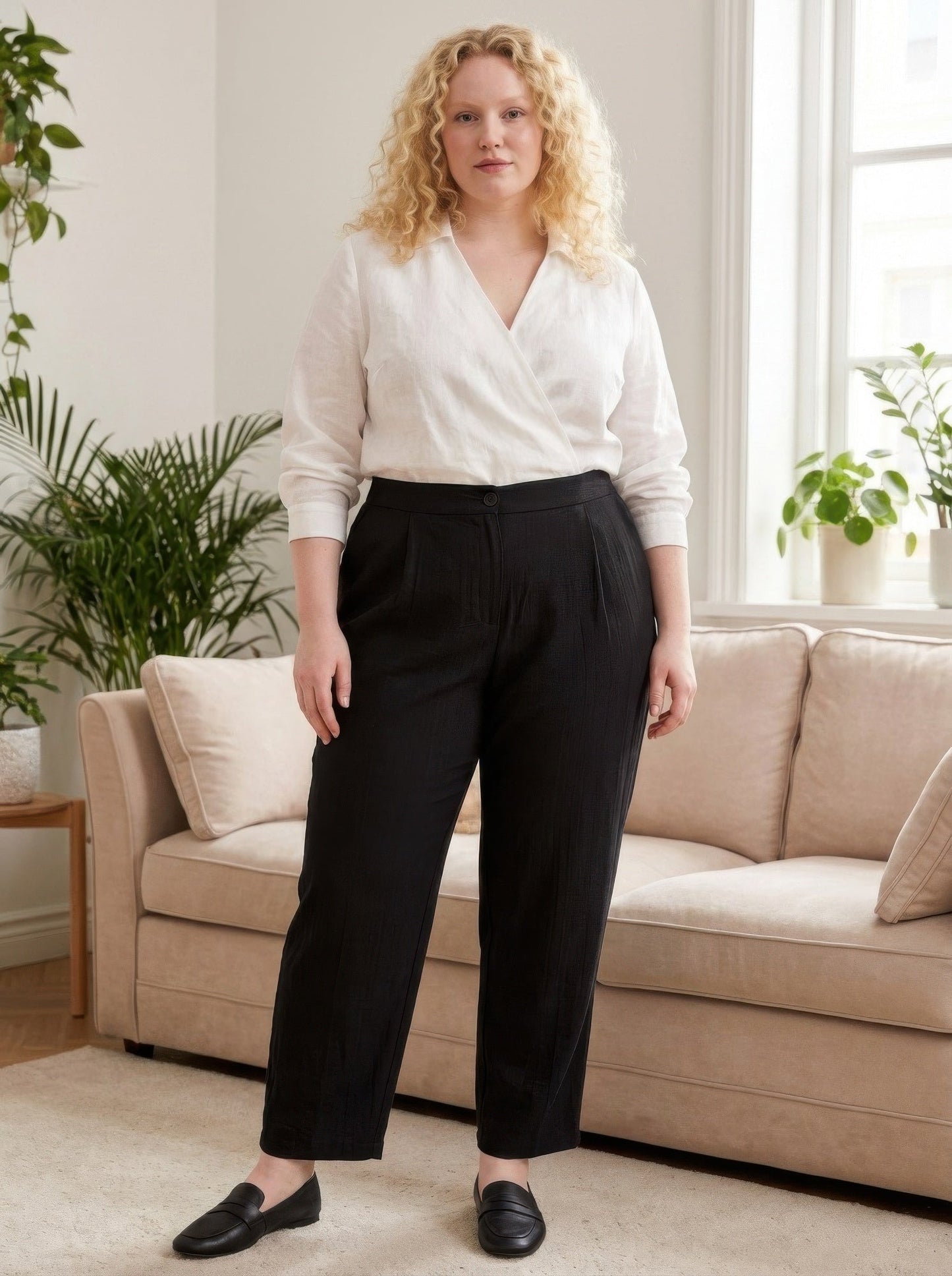 Plus Size High-Rise Linen-Blend Straight Leg Pants