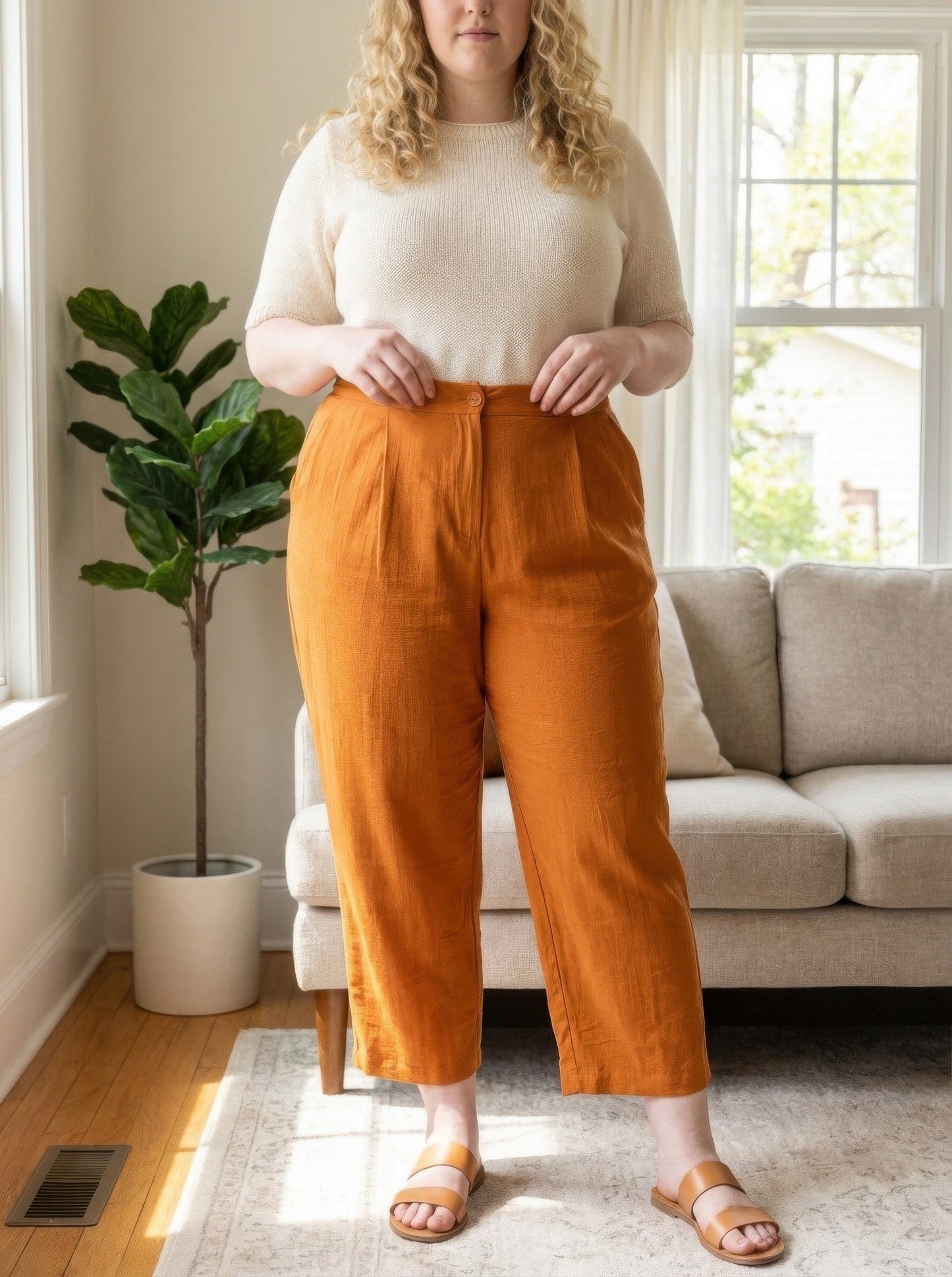 Plus Size High-Rise Linen-Blend Straight Leg Pants