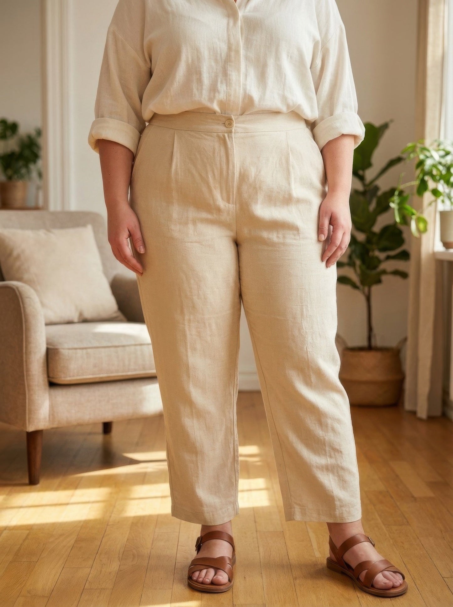 Plus Size High-Rise Linen-Blend Straight Leg Pants