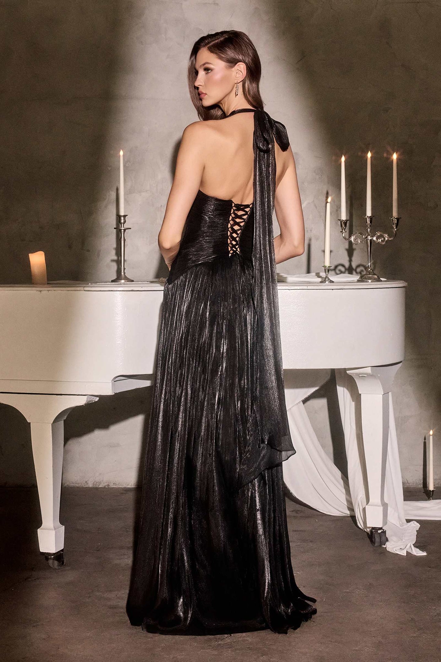 Ladivine Plunging Halter Flowing A-Line Storm Blue Gown