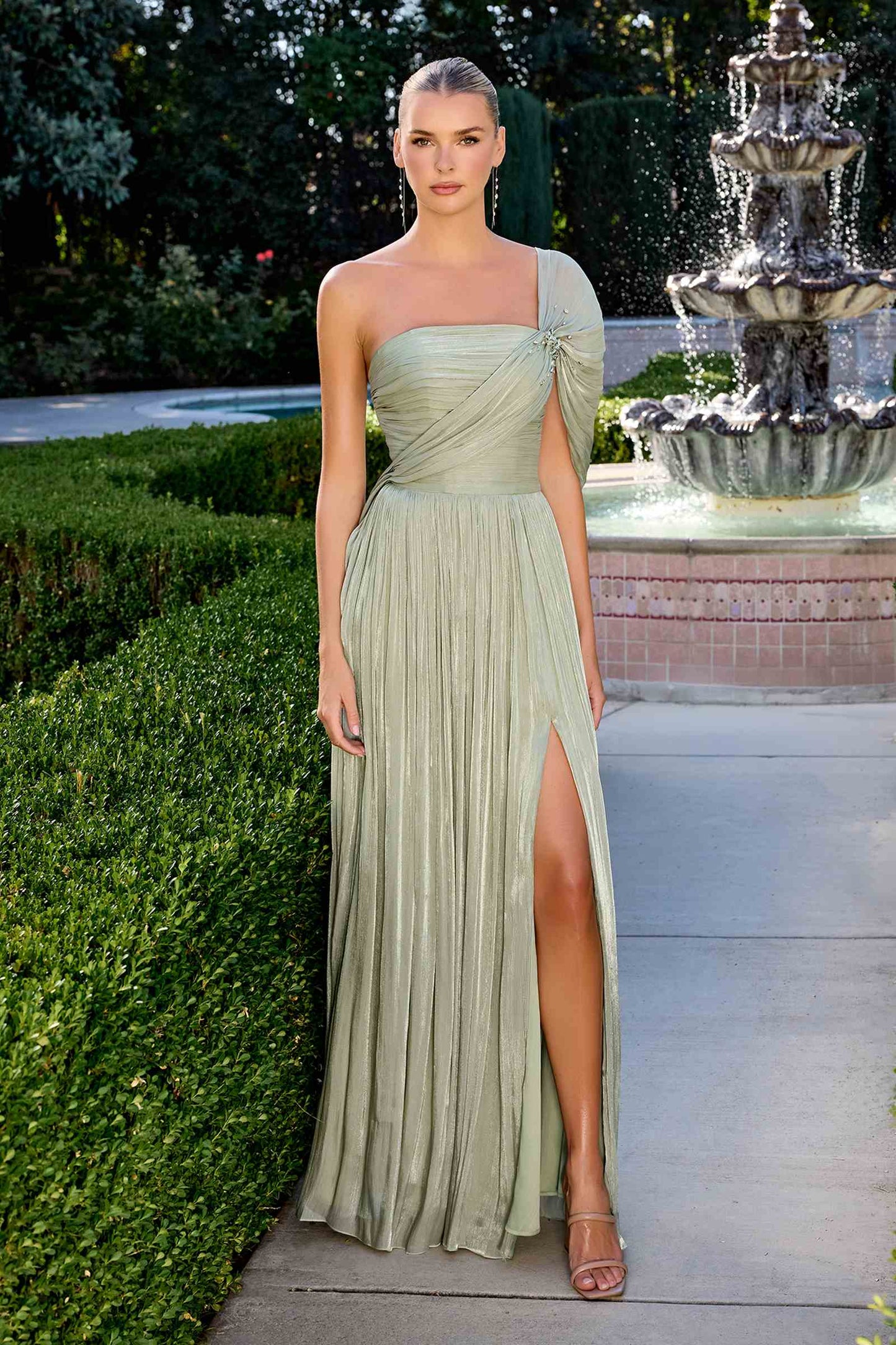 Ladivine One Shoulder A-Line Pleated Luminescent Chiffon Gown