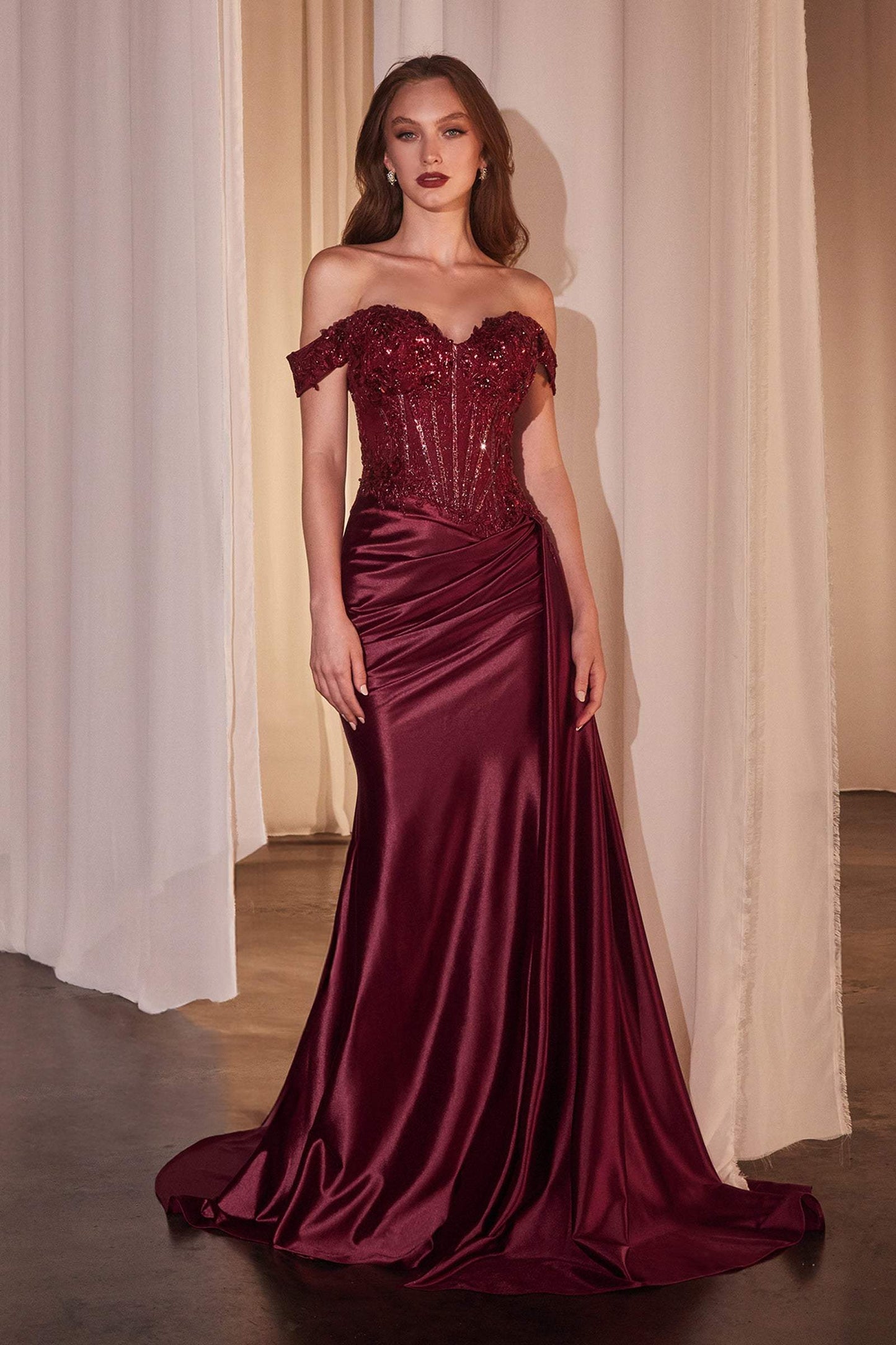 Ladivine Off The Shoulder Lace & Satin Fitted Gown