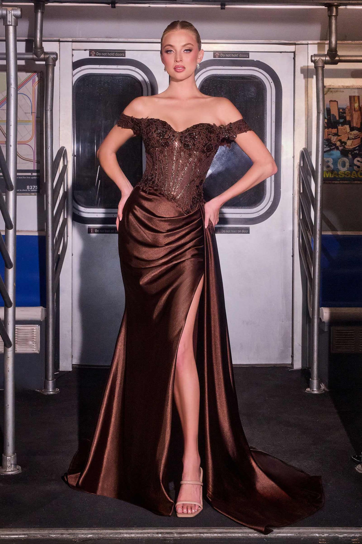 Ladivine Off The Shoulder Lace & Satin Fitted Gown