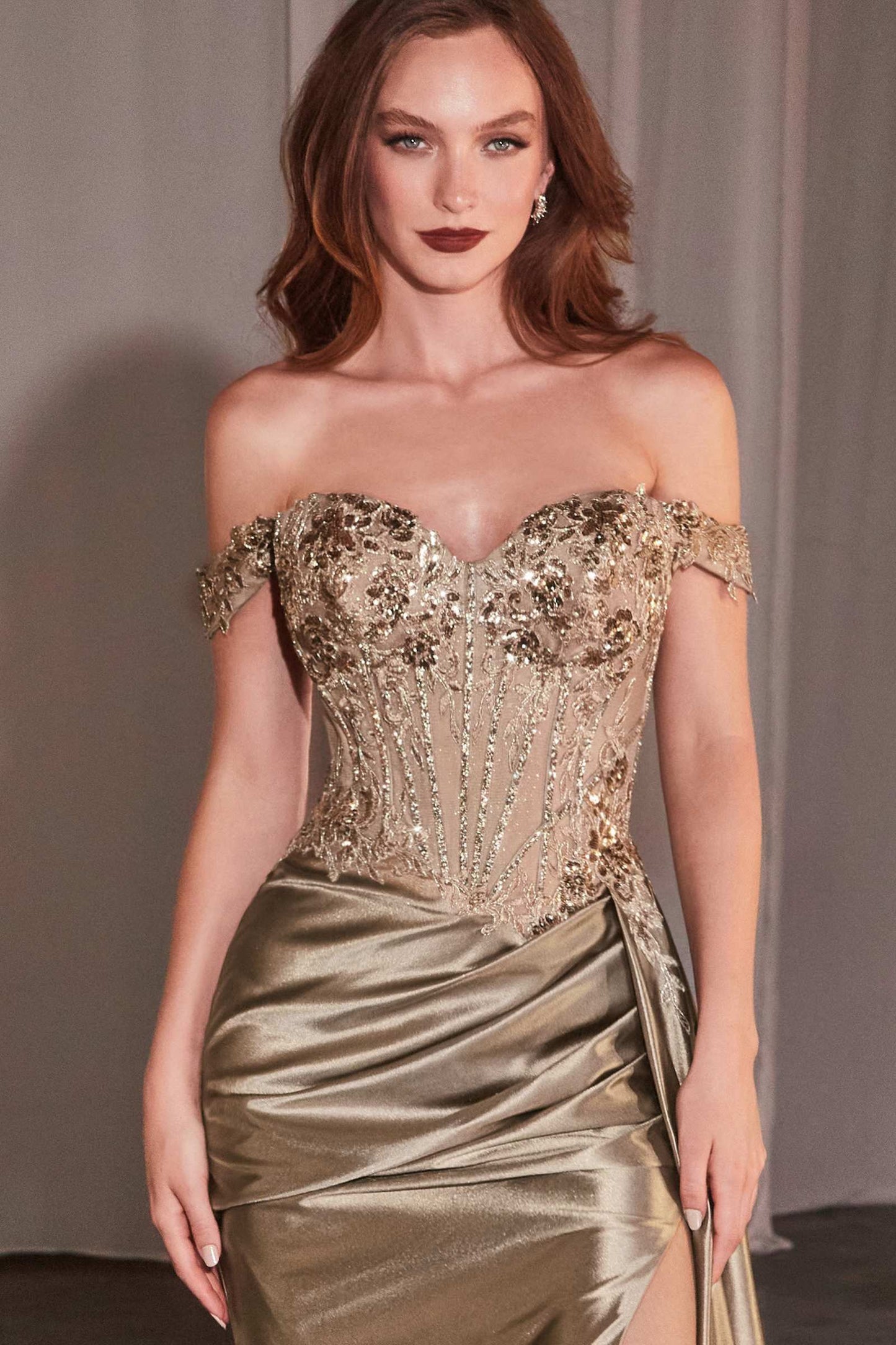 Ladivine Off The Shoulder Lace & Satin Fitted Gown