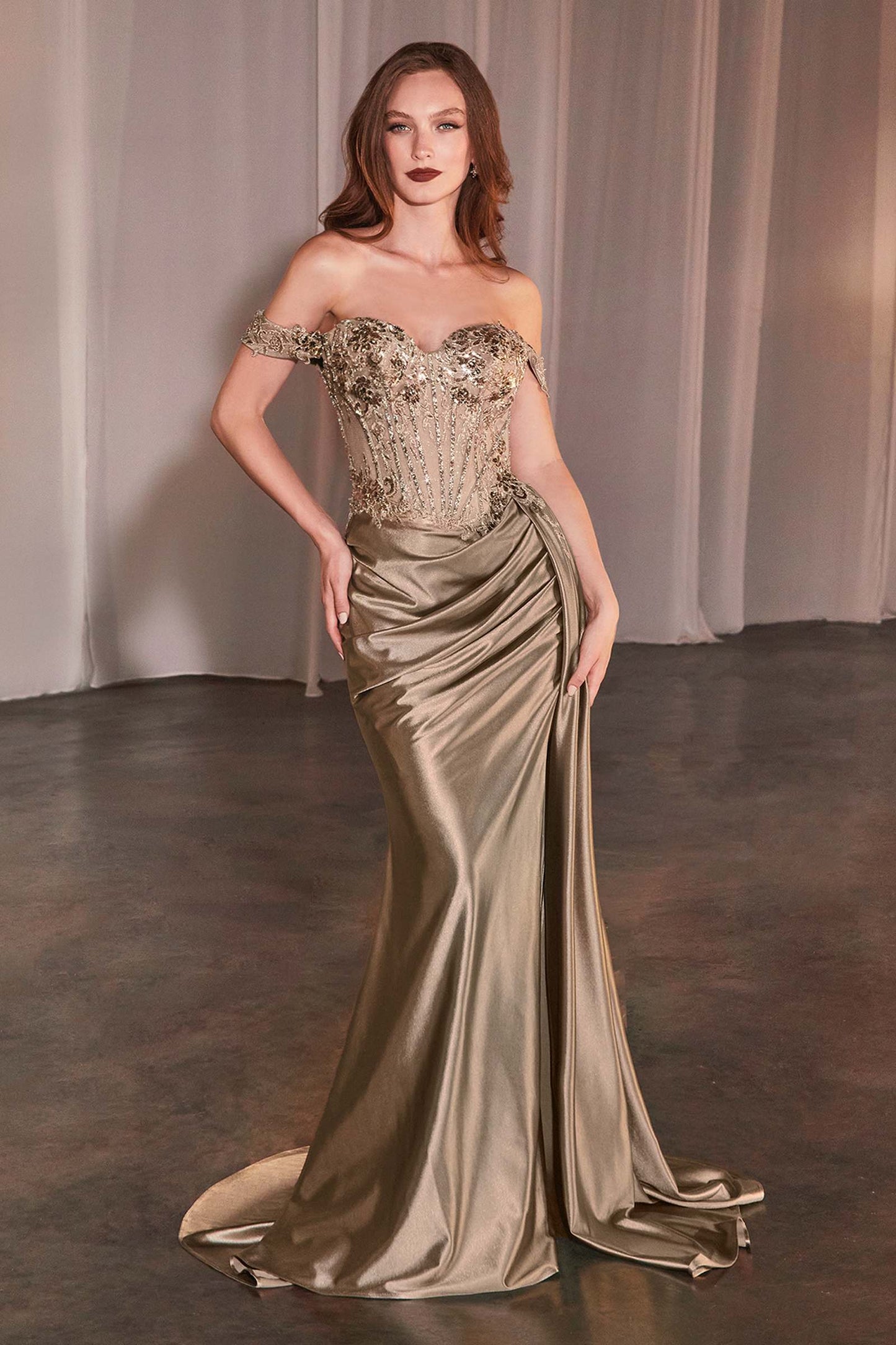 Ladivine Off The Shoulder Lace & Satin Fitted Gown