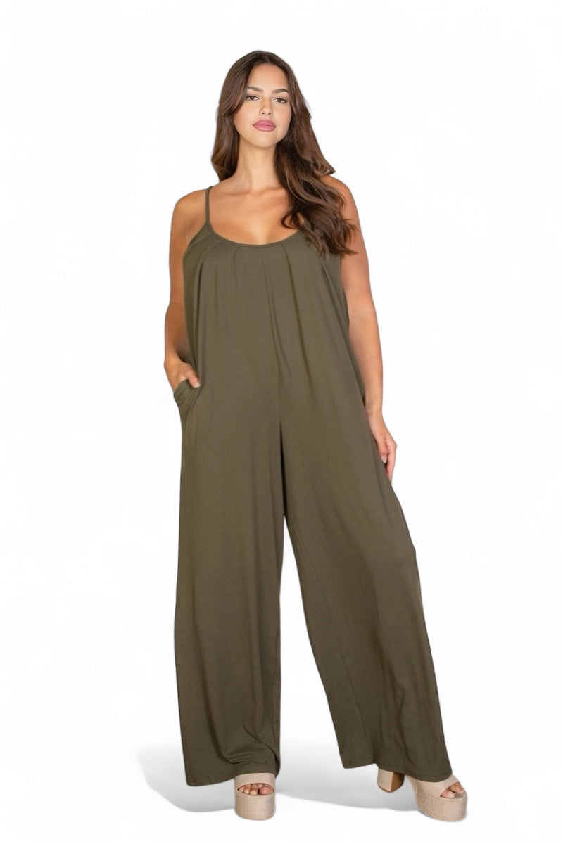 Curvy Spaghetti Strap Solid Wide Jumpsuit