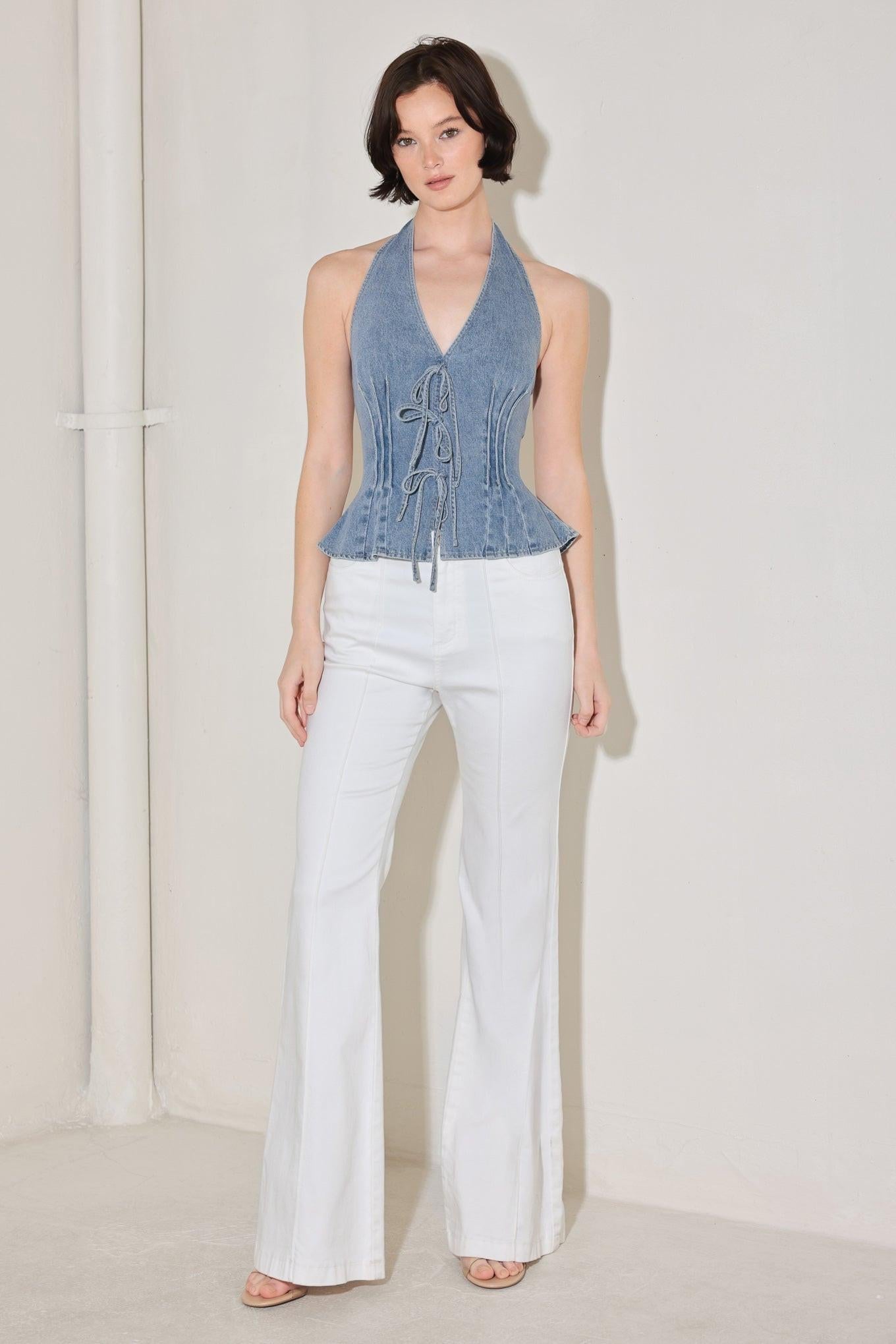 RETRO RISE HALTER DENIM TOP