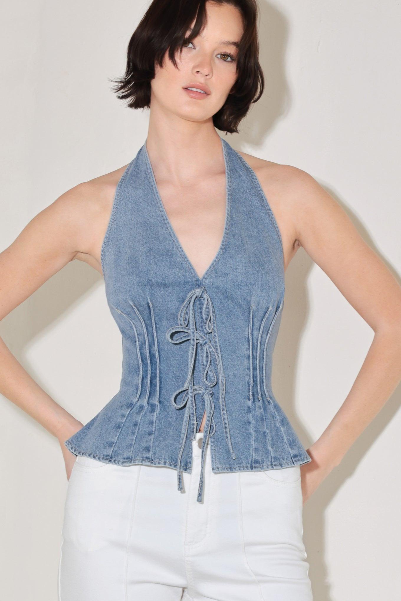 RETRO RISE HALTER DENIM TOP