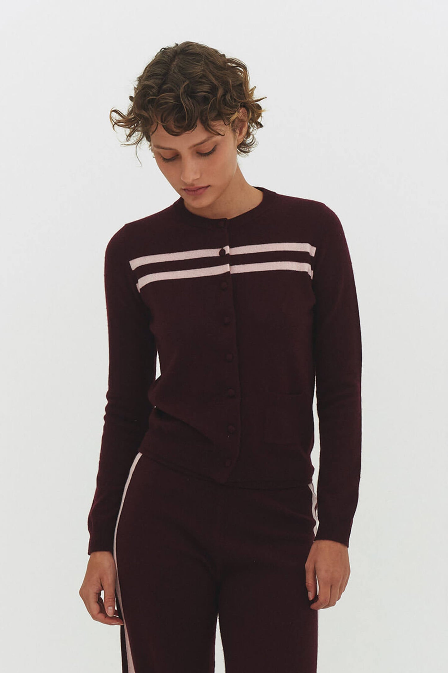 CASHMERE WOOL STRIPE CARDIGAN IN RASPBERRY CREAM