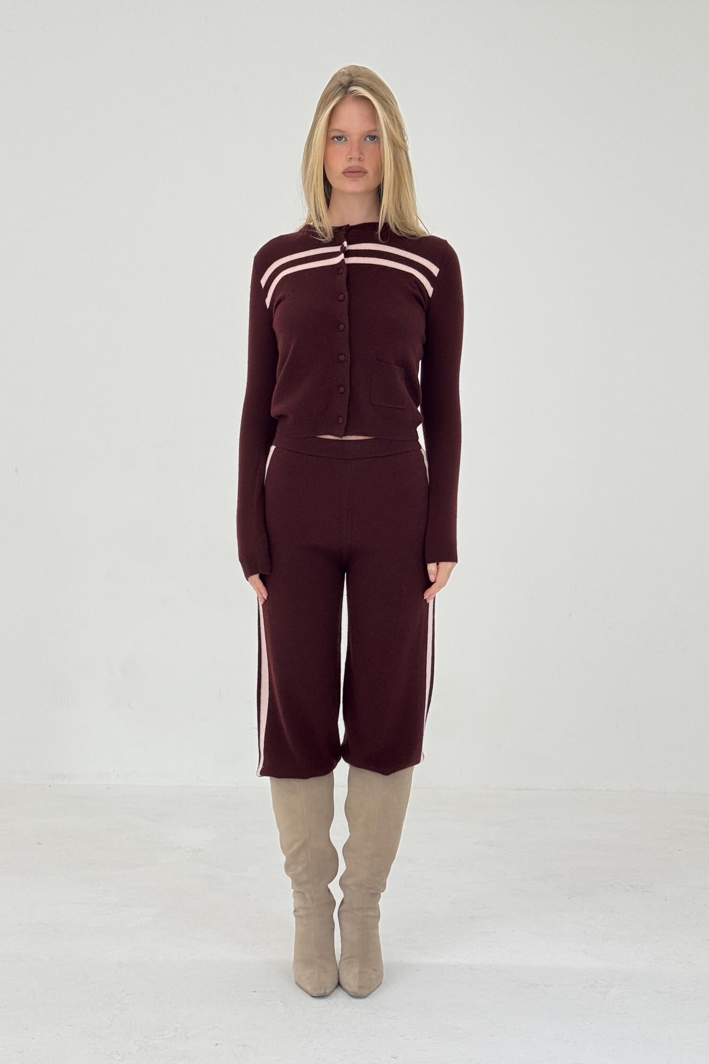 CASHMERE WOOL STRIPE CARDIGAN IN RASPBERRY CREAM