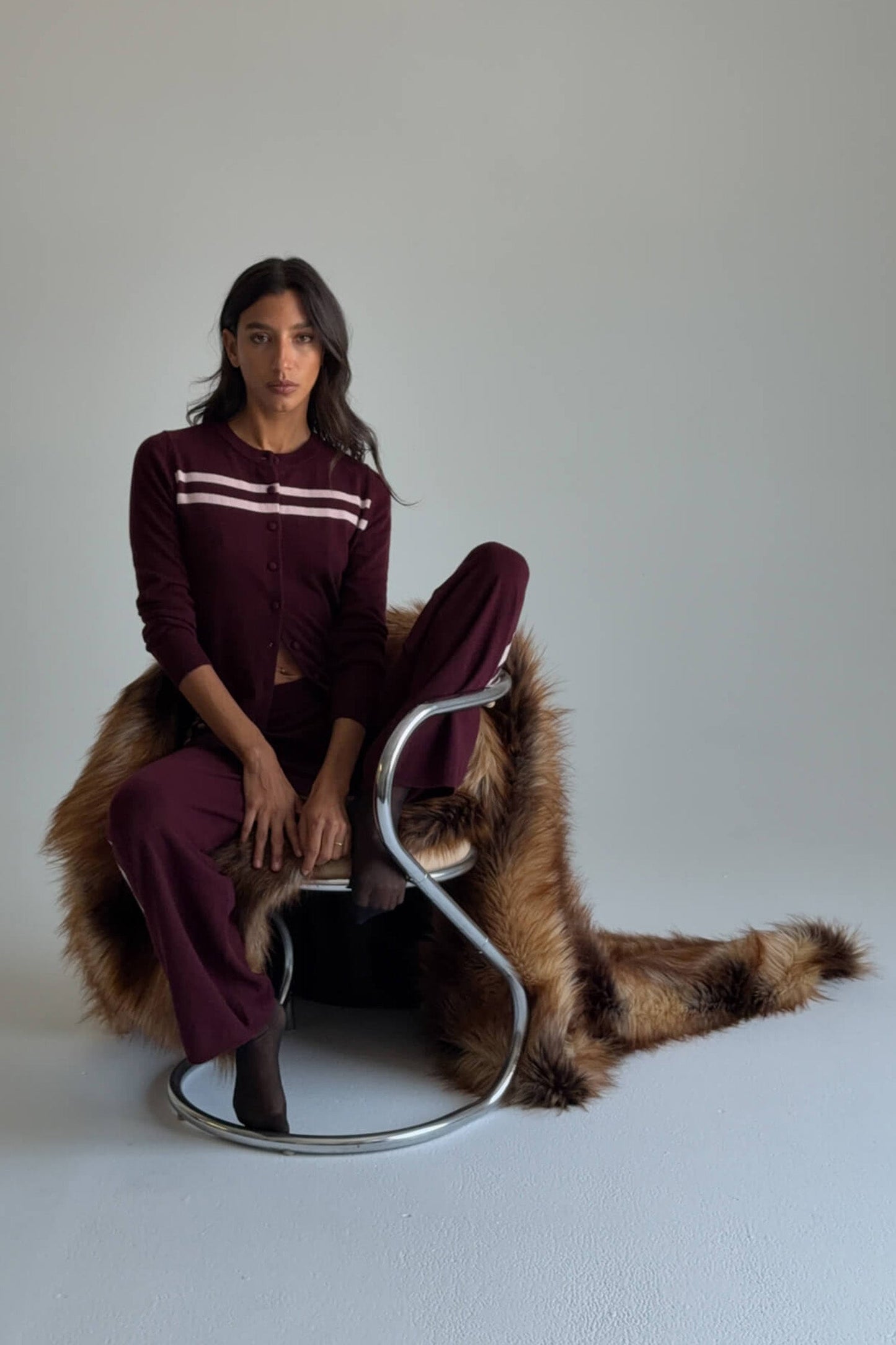 CASHMERE WOOL STRIPE CARDIGAN IN RASPBERRY CREAM