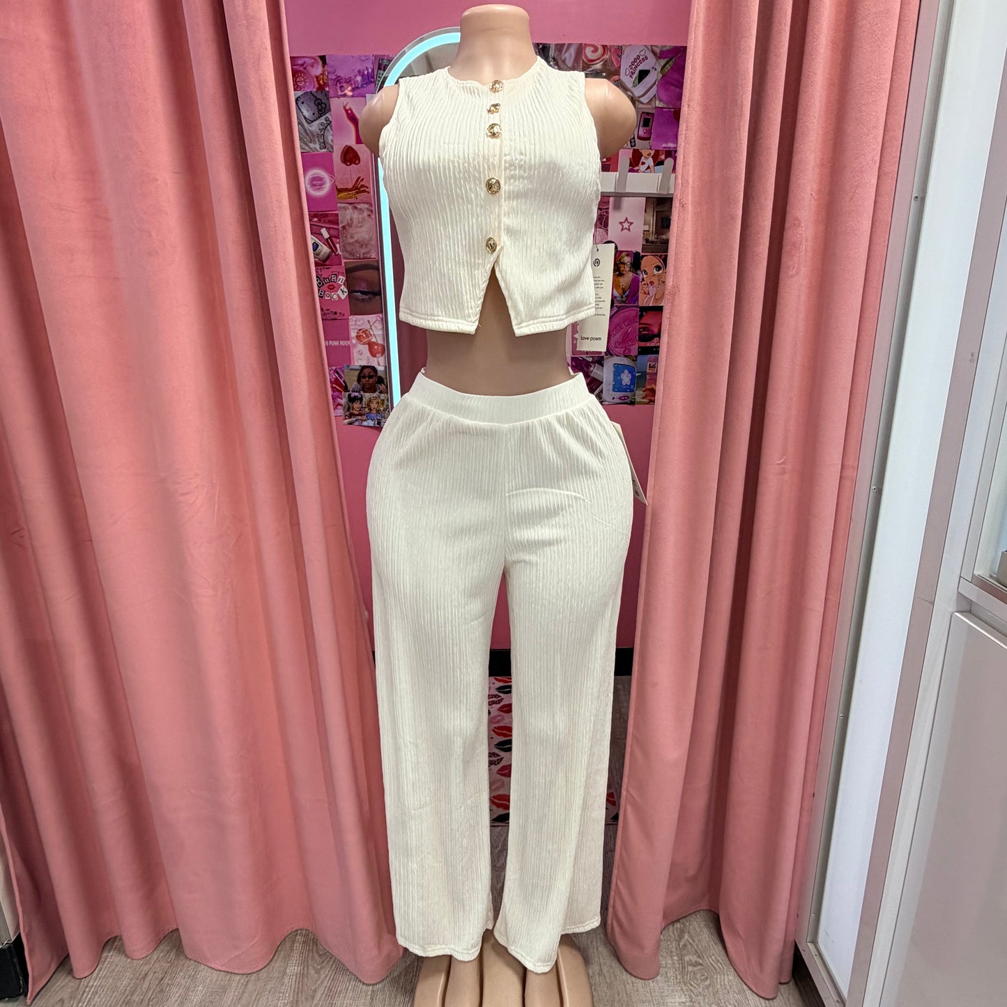 Plissé Waistcoat Top & Wide-Leg Pant Set