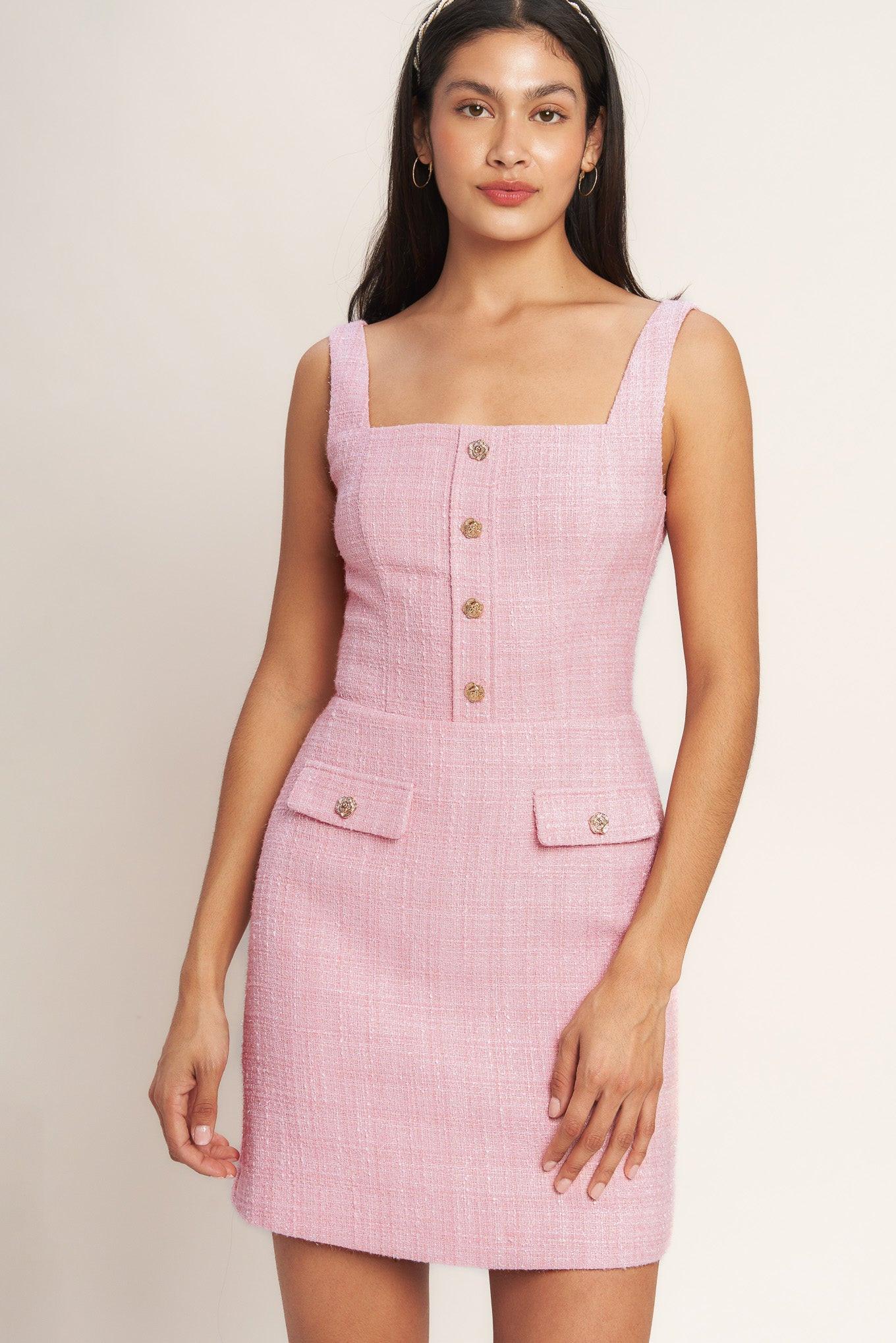 ON MY WAY PINK  WOVEN TWEED MINI DRESS