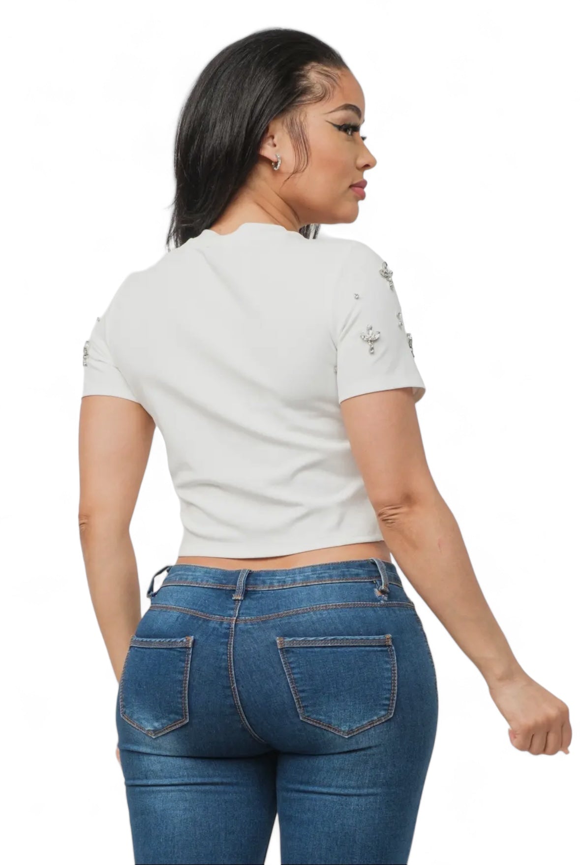 Front Rhinestone Jewels Detail Crop Top