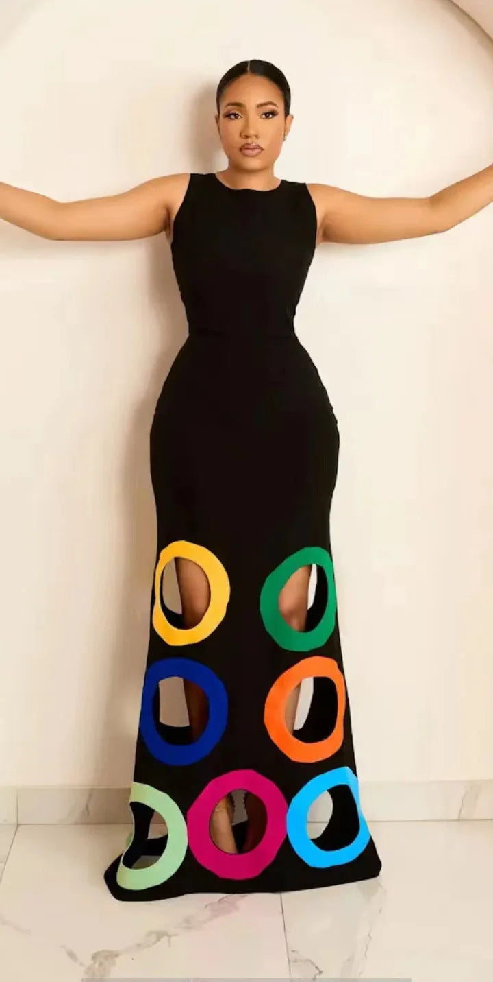 Black Sleeveless Multicolor Patchwork Maxi Dress