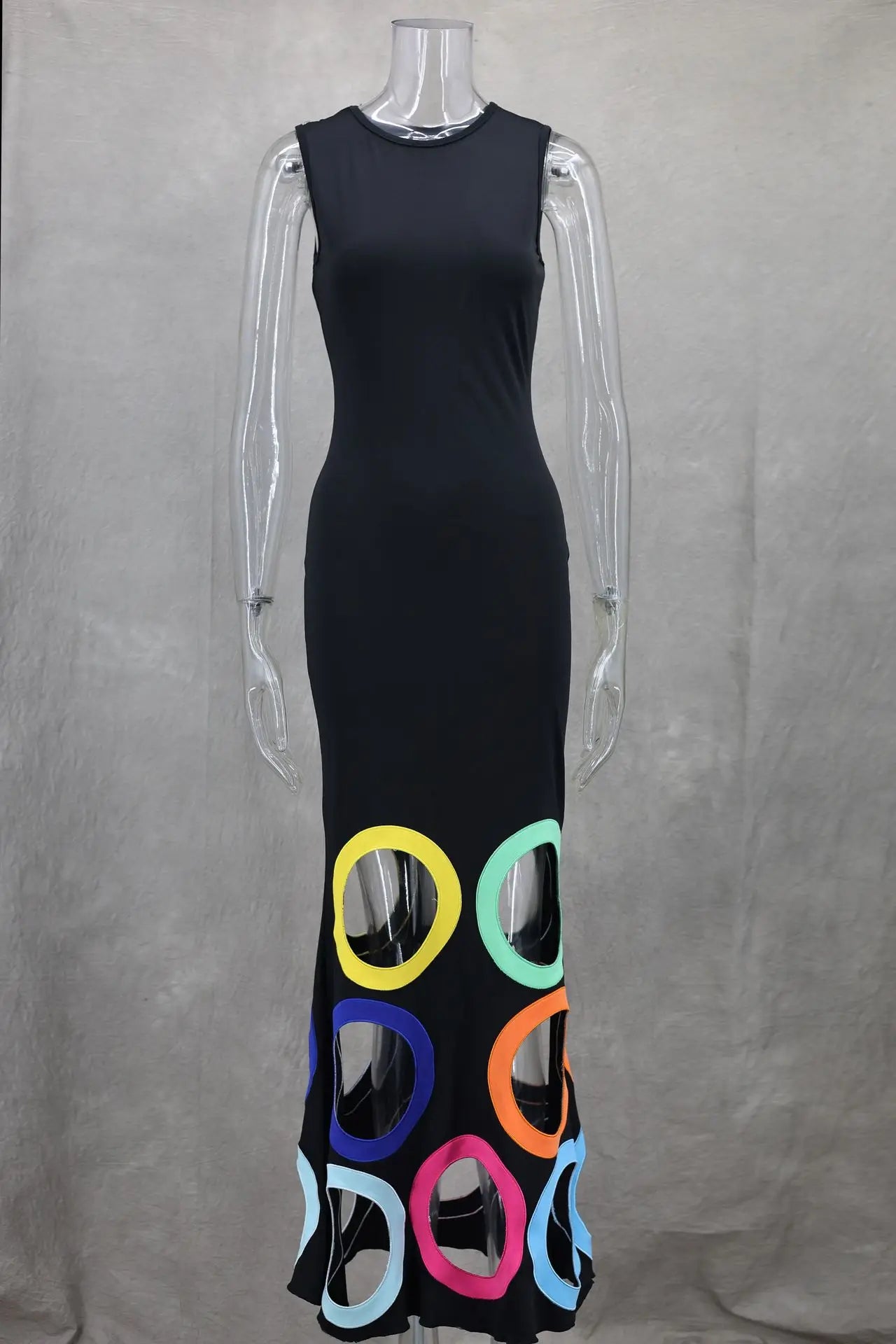 Black Sleeveless Multicolor Patchwork Maxi Dress