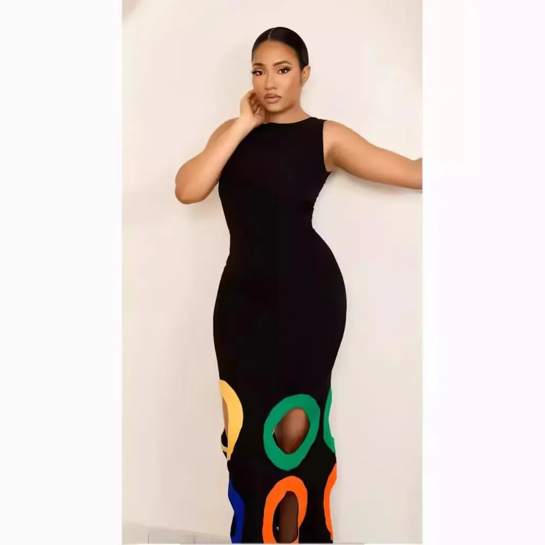 Black Sleeveless Multicolor Patchwork Maxi Dress