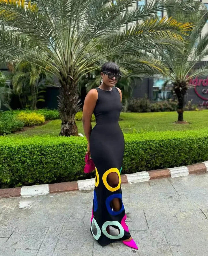 Black Sleeveless Multicolor Patchwork Maxi Dress