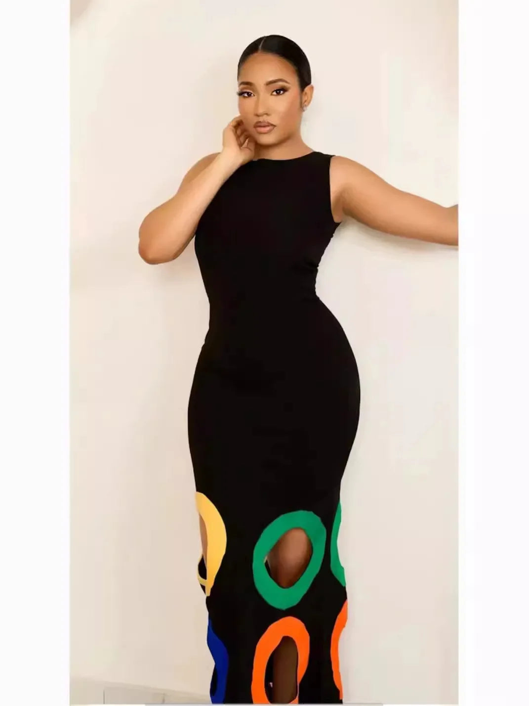 Black Sleeveless Multicolor Patchwork Maxi Dress