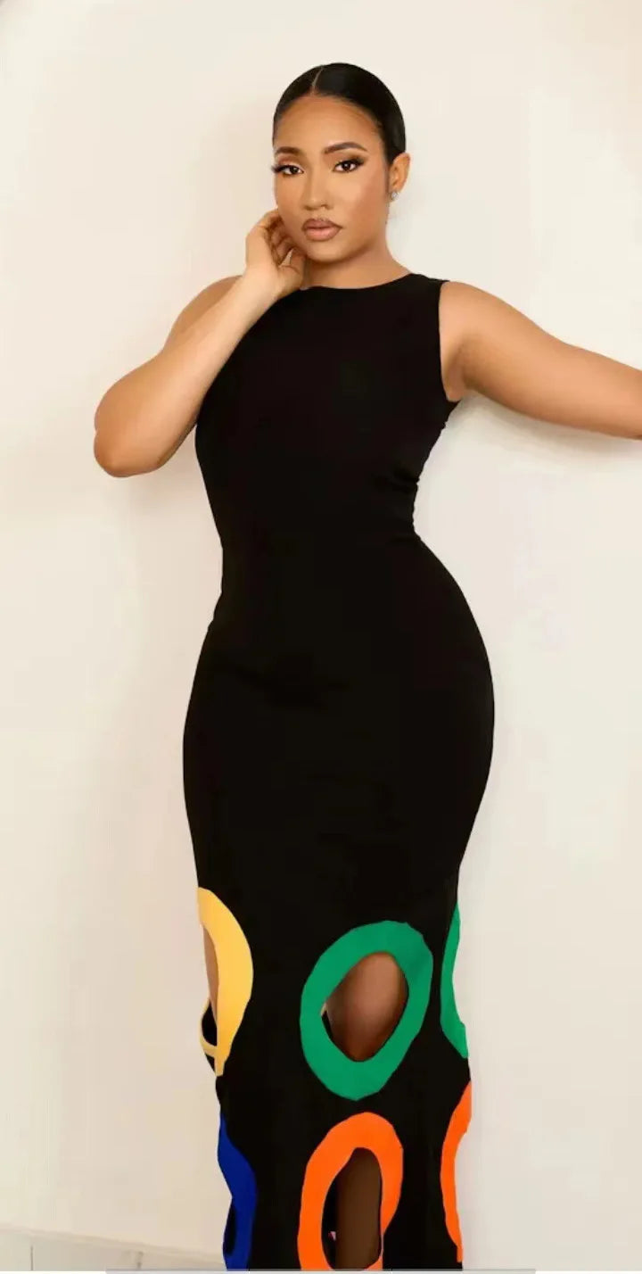 Black Sleeveless Multicolor Patchwork Maxi Dress