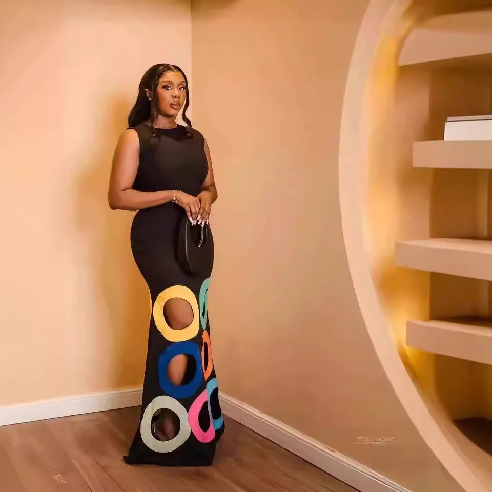 Black Sleeveless Multicolor Patchwork Maxi Dress