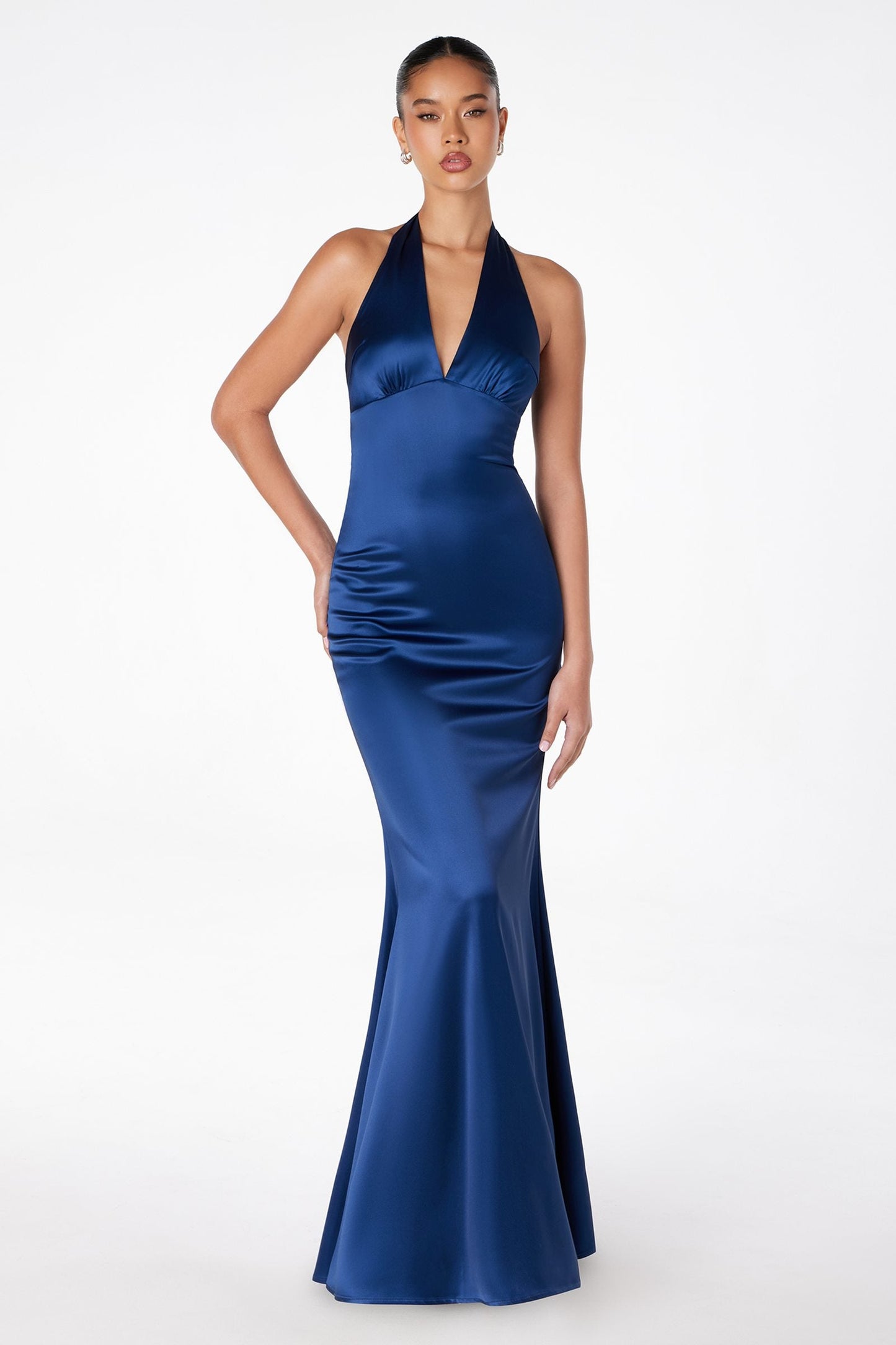 Astee Fitted Long V-Neckline Halter Top Evening Gown