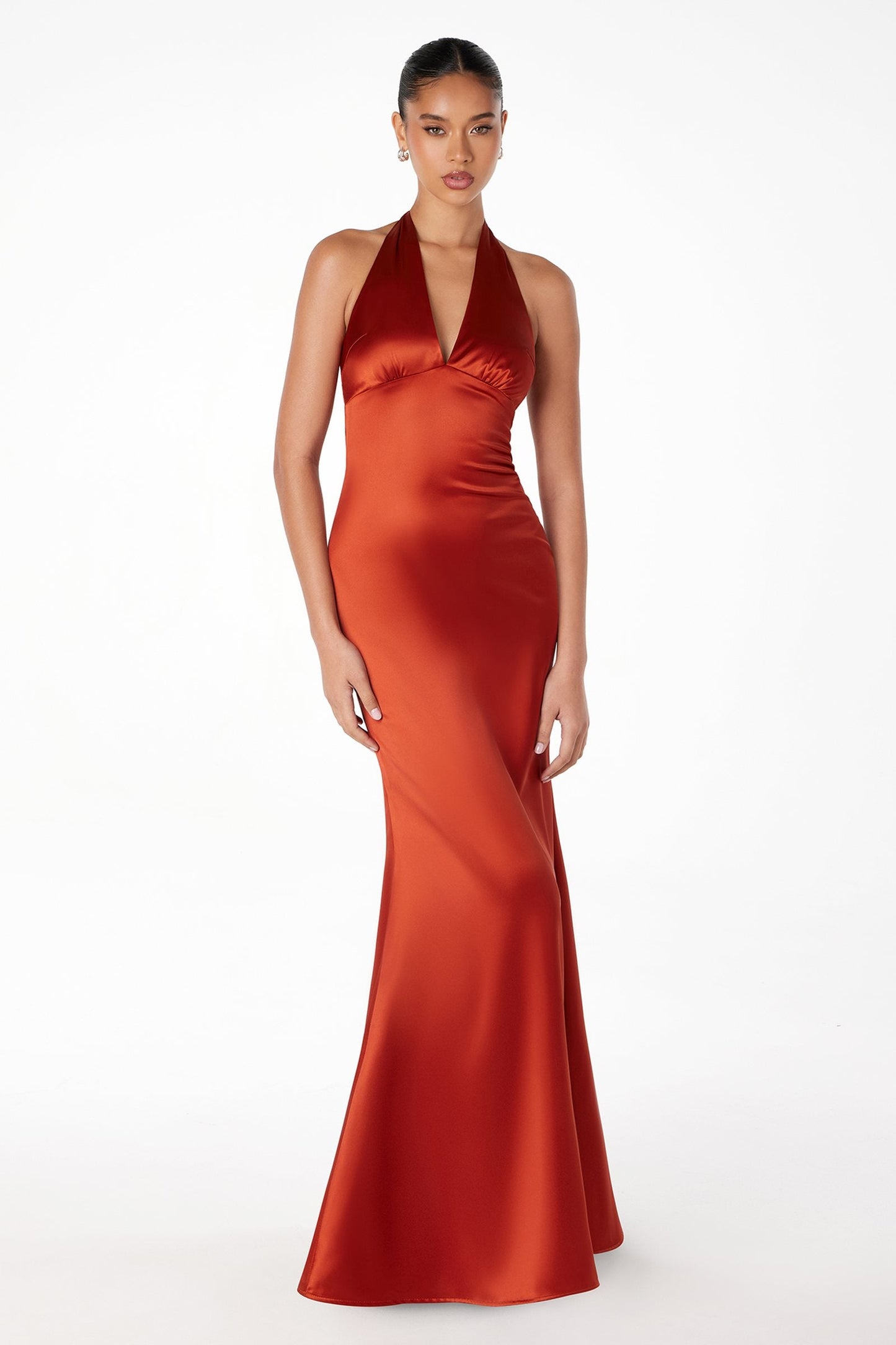 Astee Fitted Long V-Neckline Halter Top Evening Gown