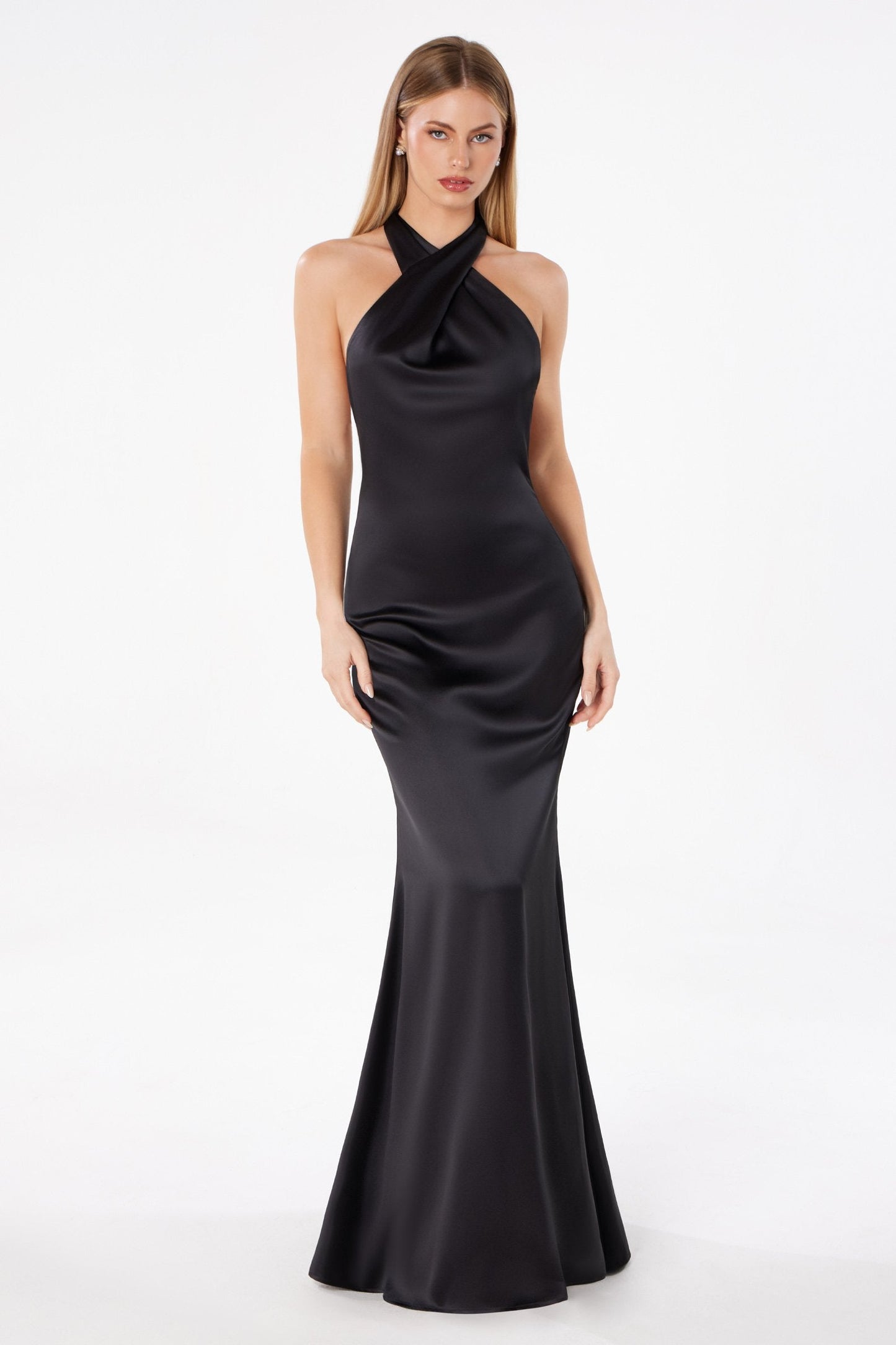 Astee Fitted Sleek Twisted Halter Top Satin Mermaid Gown